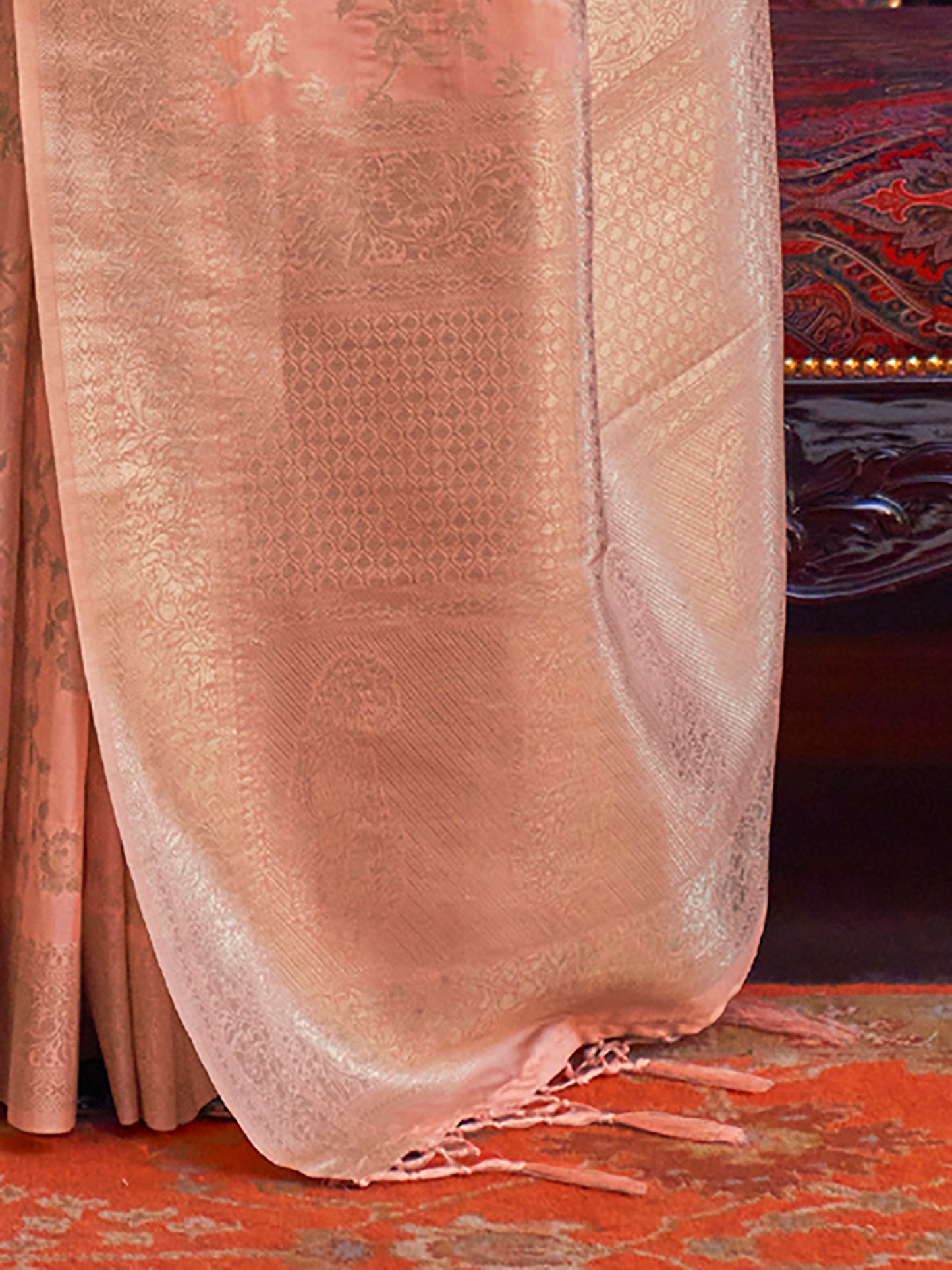 Women's Silk Blend Peach Woven Design Designer Saree With Blouse Piece