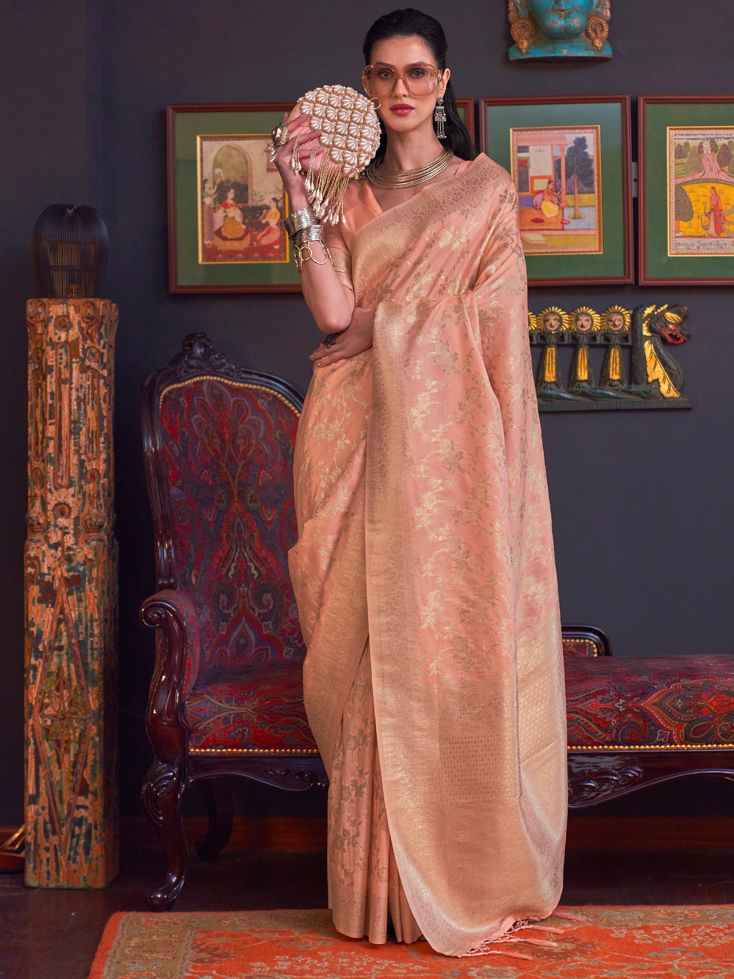 Women's Silk Blend Peach Woven Design Designer Saree With Blouse Piece