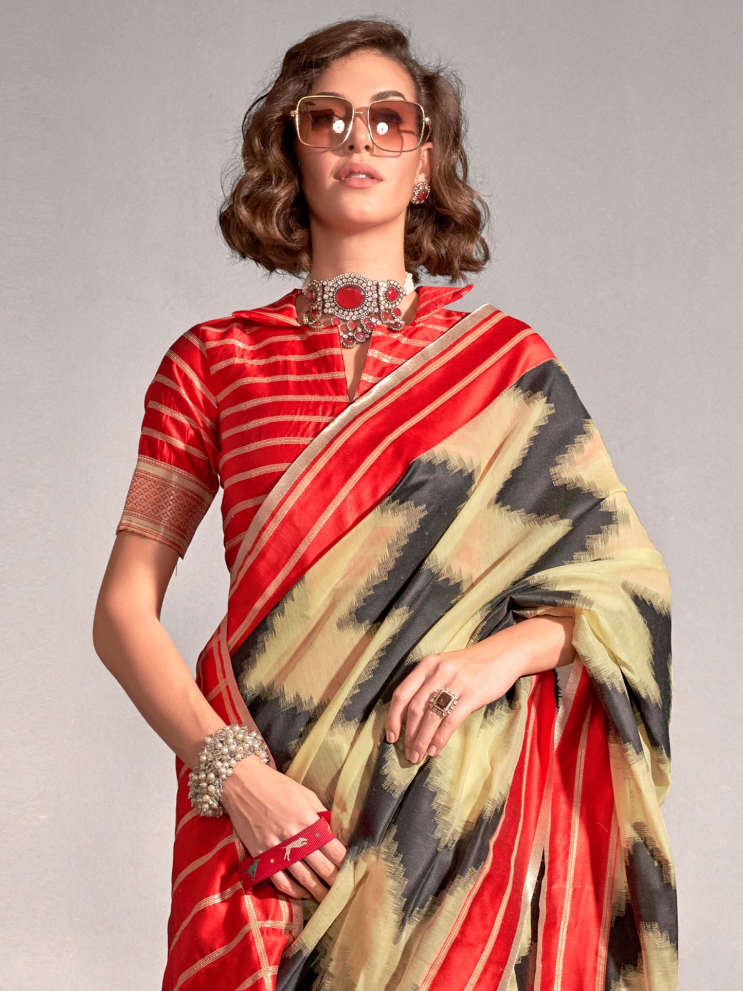 Women's Silk Blend Yellow Woven Design Designer Saree With Blouse Piece