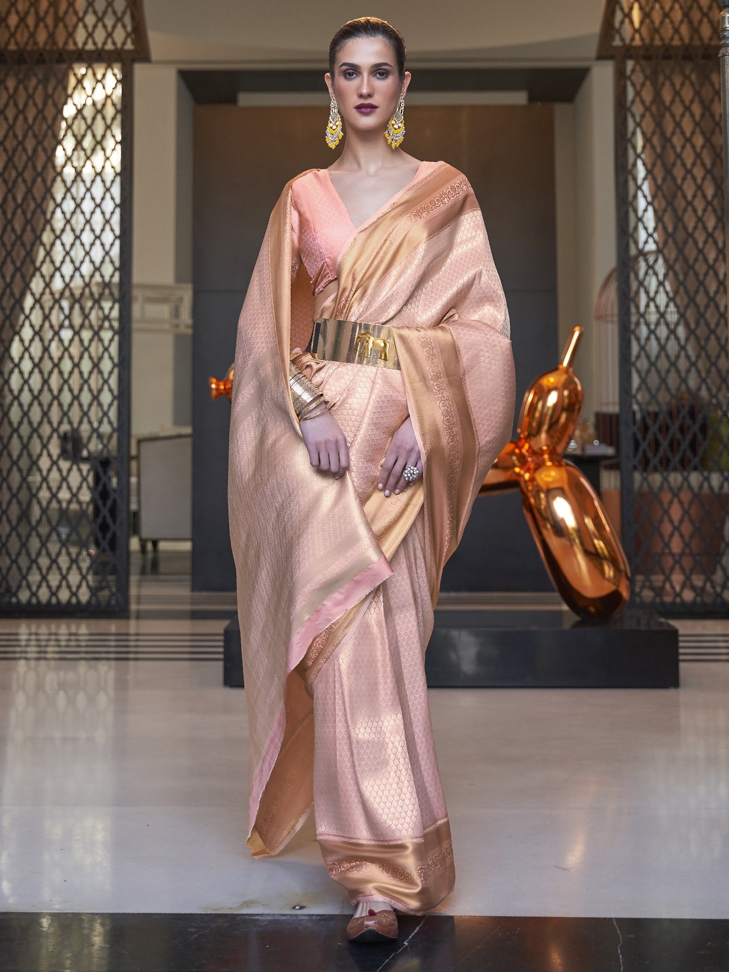 Women's Silk Blend Peach Woven Design Designer Saree With Blouse Piece