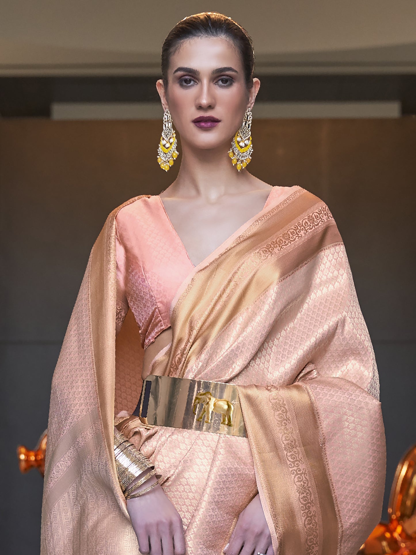 Women's Silk Blend Peach Woven Design Designer Saree With Blouse Piece