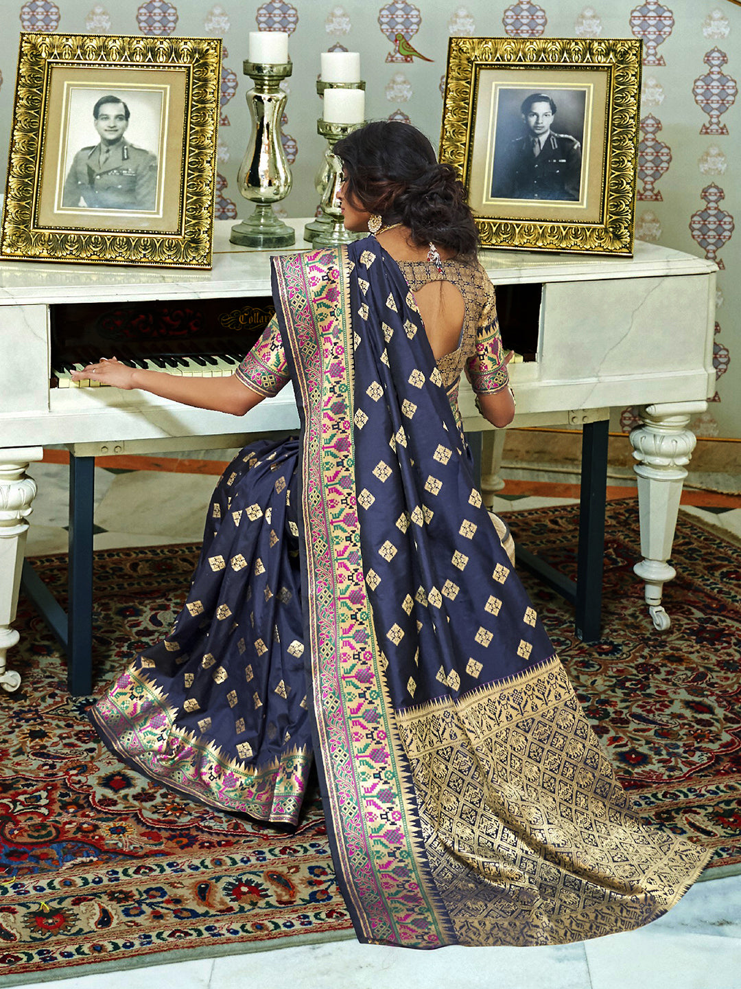 Women's Silk Blend Navy Blue Woven Design Designer Saree With Blouse Piece
