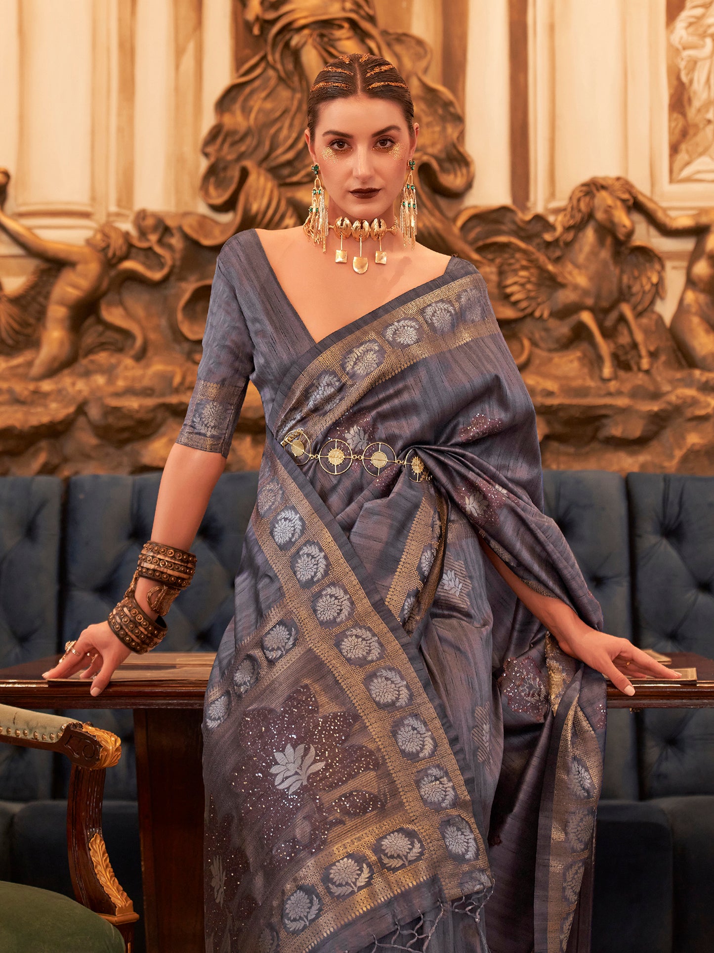 Women's Silk Blend Charcoal Grey Embellished Designer Saree With Blouse Piece