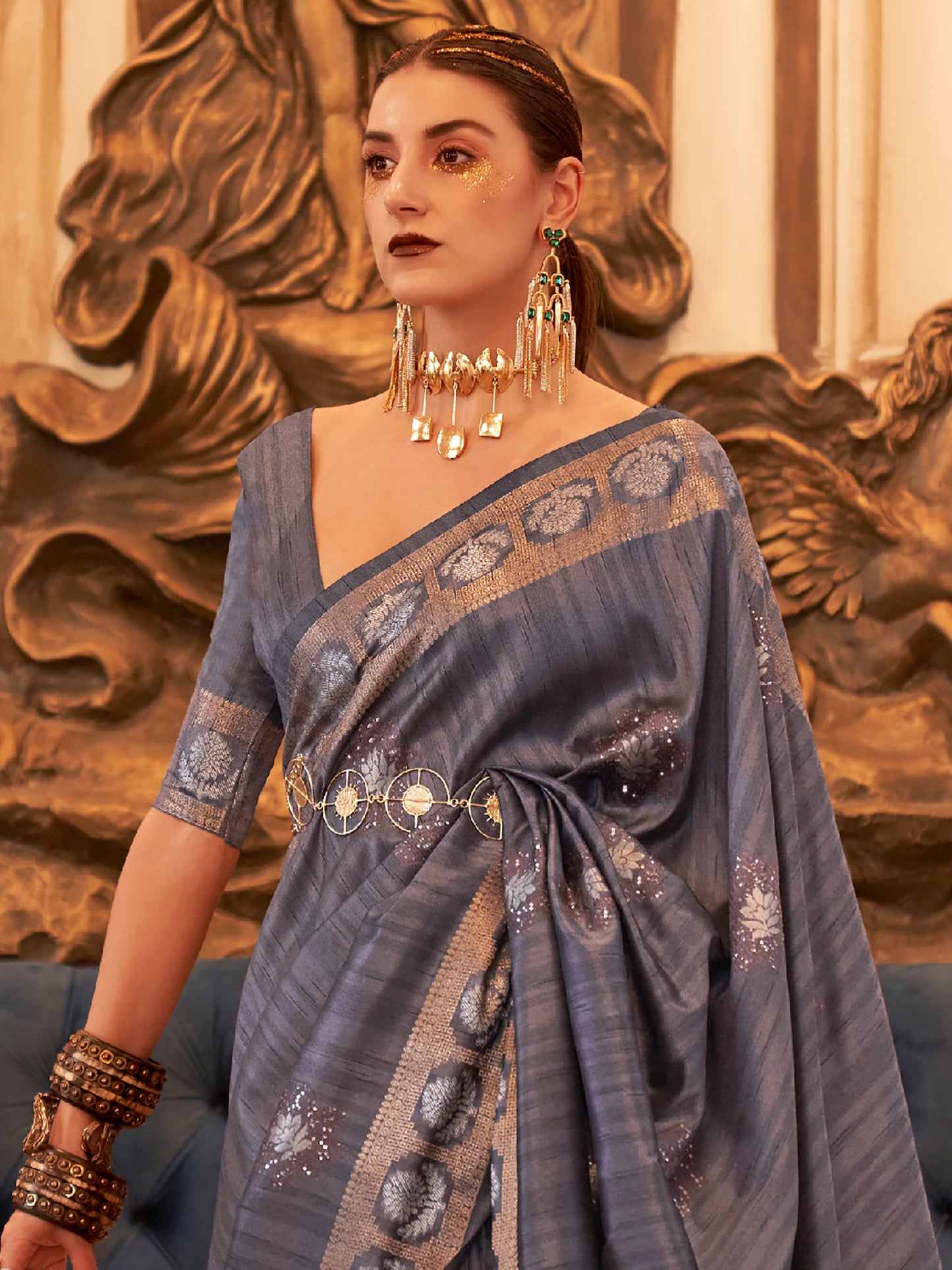 Women's Silk Blend Charcoal Grey Embellished Designer Saree With Blouse Piece