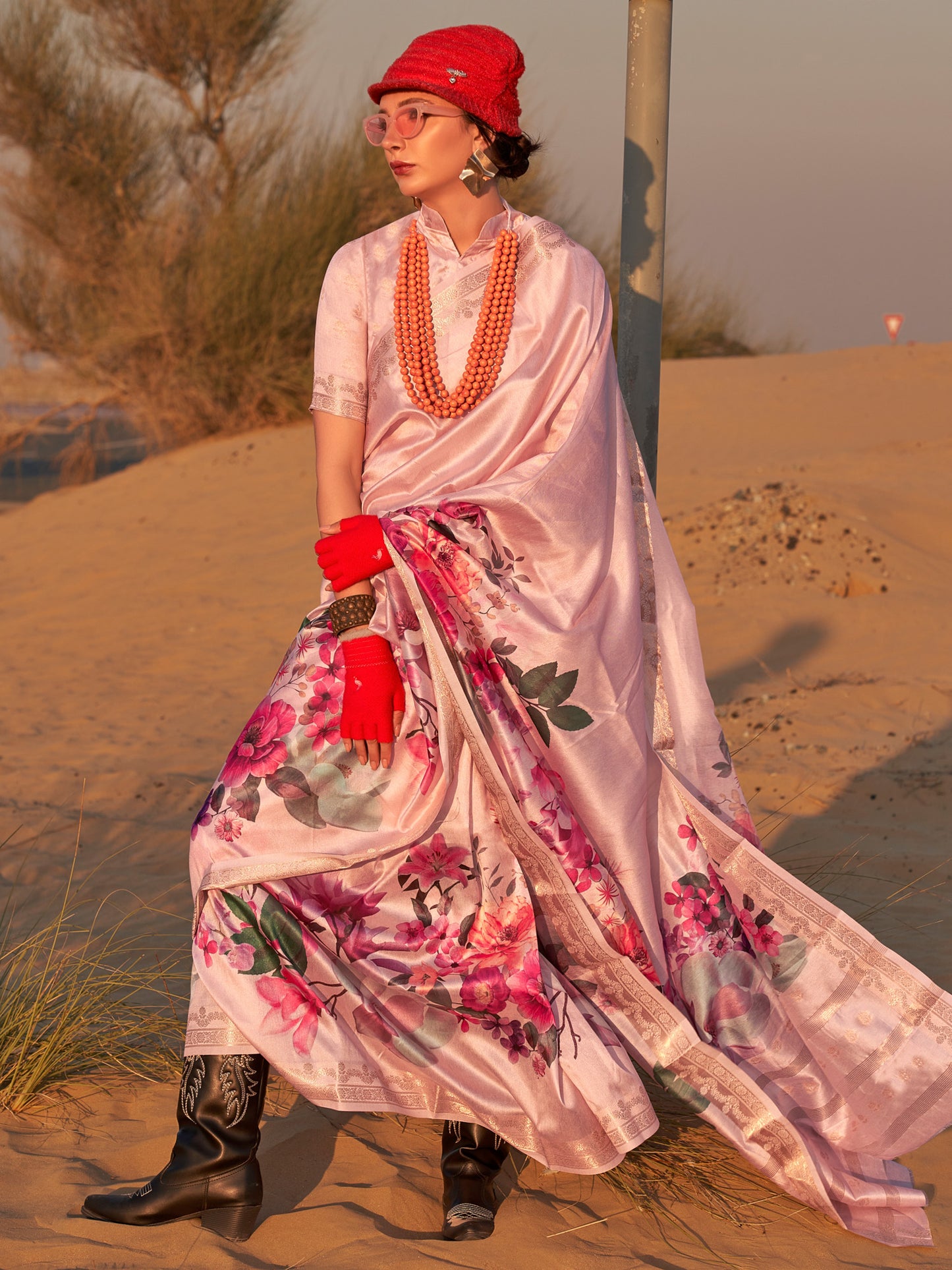 Women's Tissue Pink Printed Designer Saree With Blouse Piece