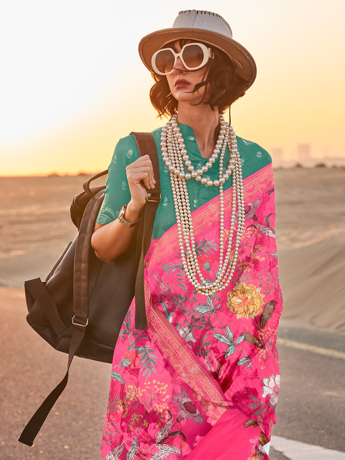 Women's Tissue Pink Printed Designer Saree With Blouse Piece