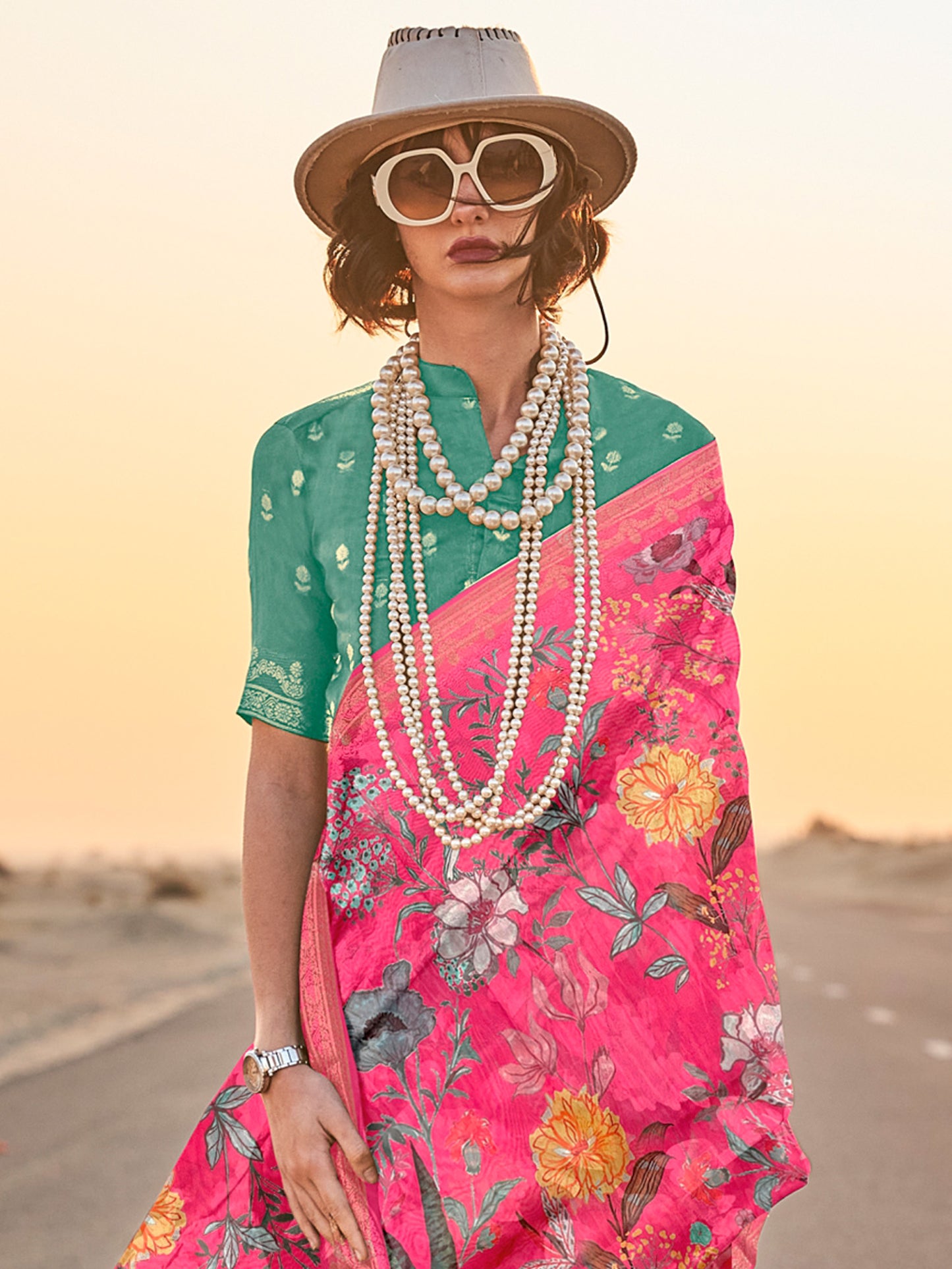 Women's Tissue Pink Printed Designer Saree With Blouse Piece