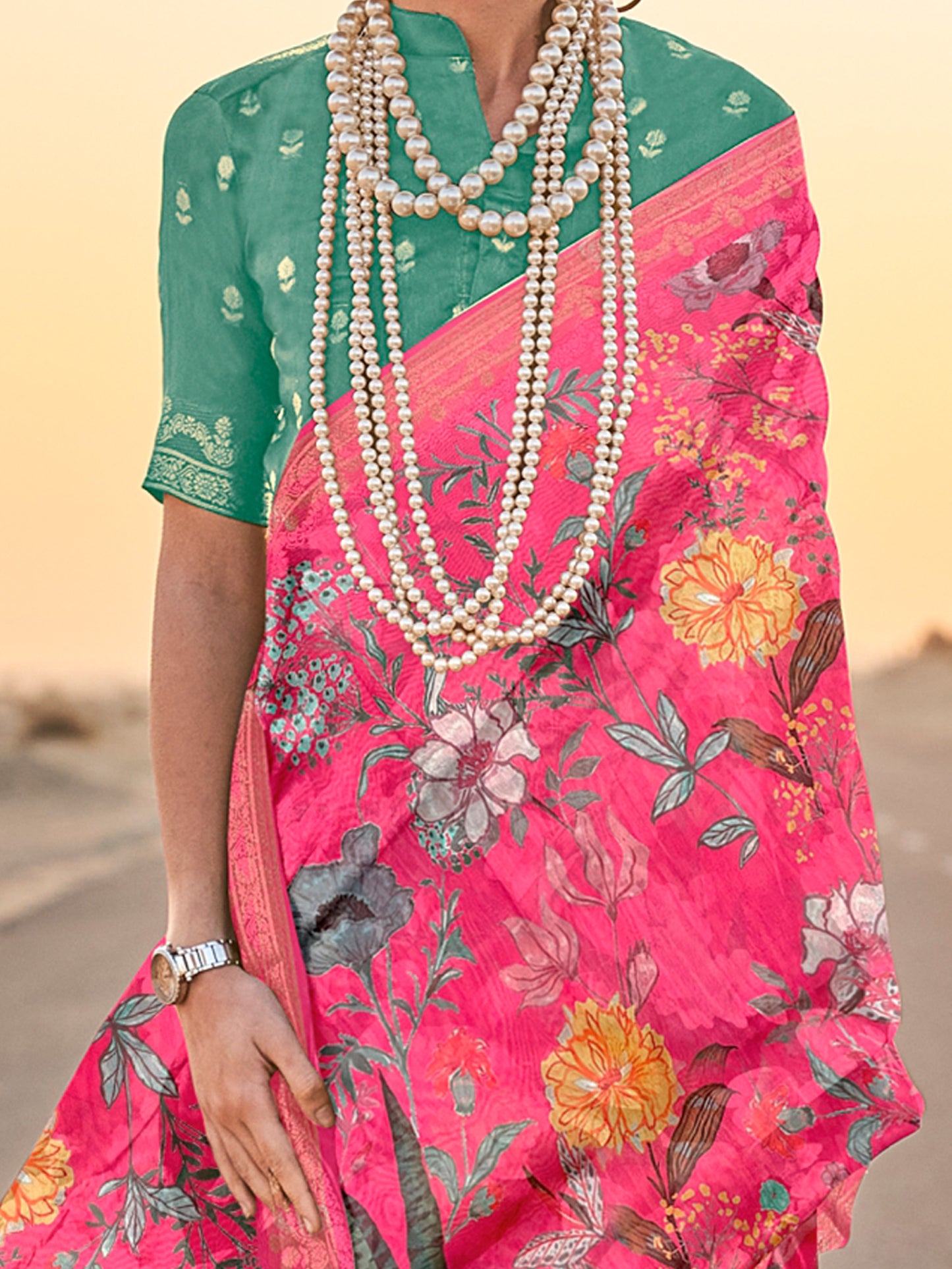 Women's Tissue Pink Printed Designer Saree With Blouse Piece