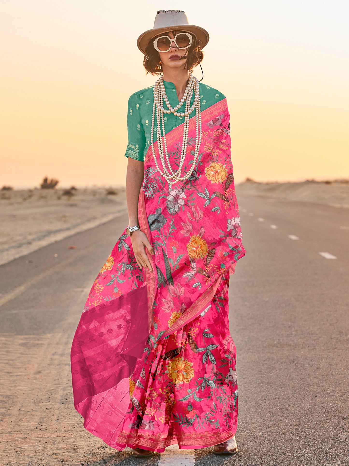 Women's Tissue Pink Printed Designer Saree With Blouse Piece
