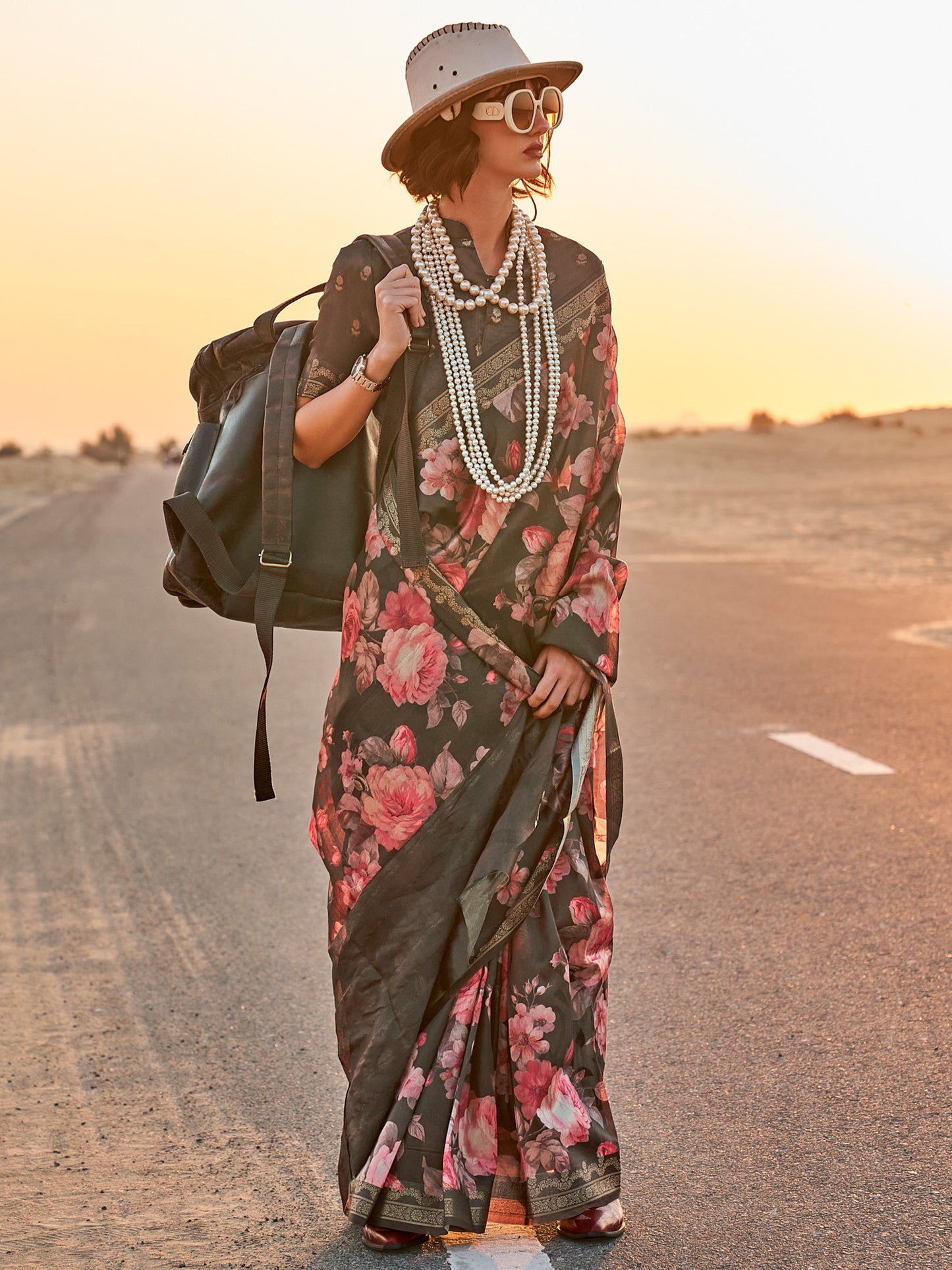Women's Tissue Black Printed Designer Saree With Blouse Piece