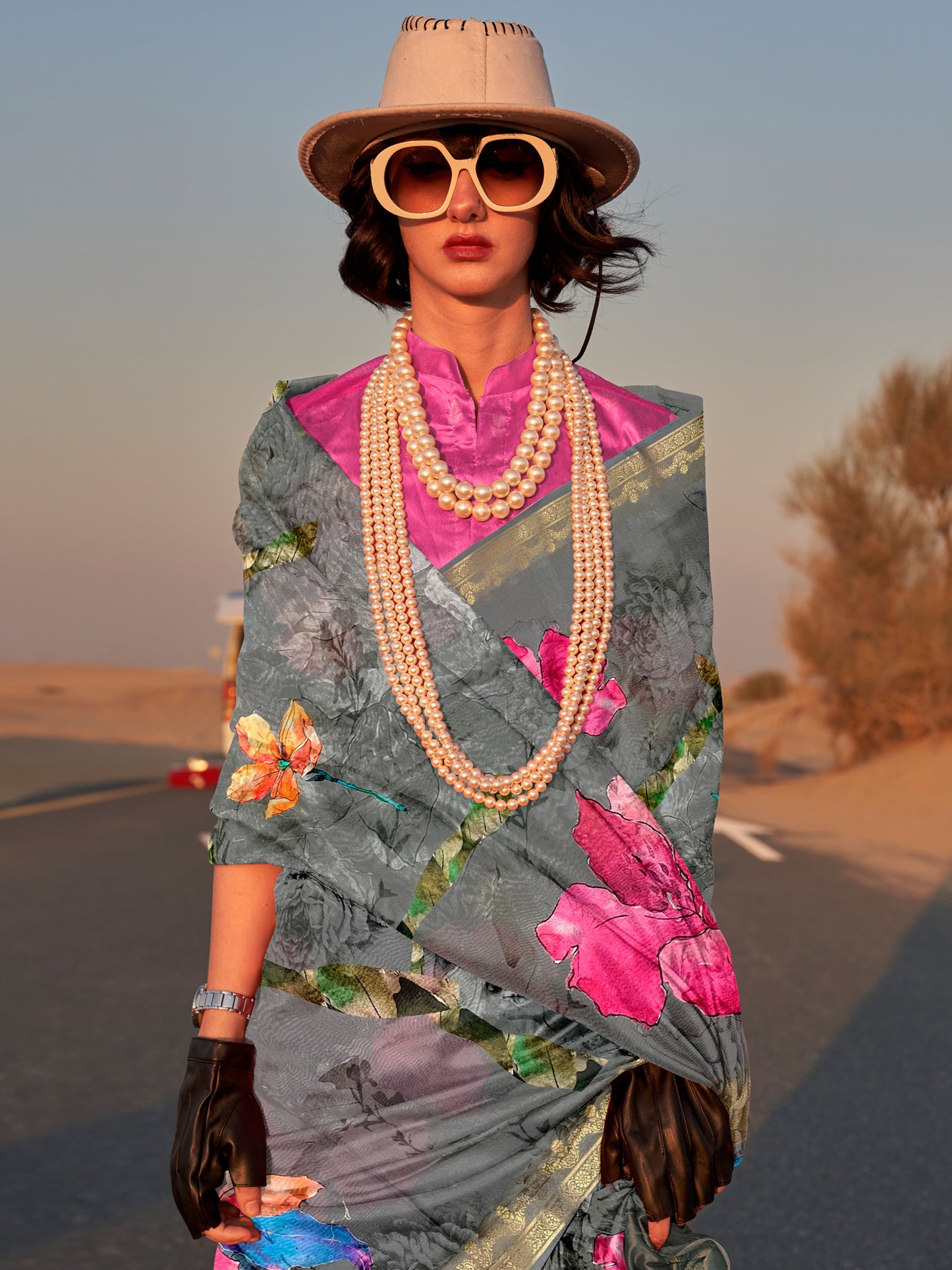 Women's Tissue Grey Printed Designer Saree With Blouse Piece