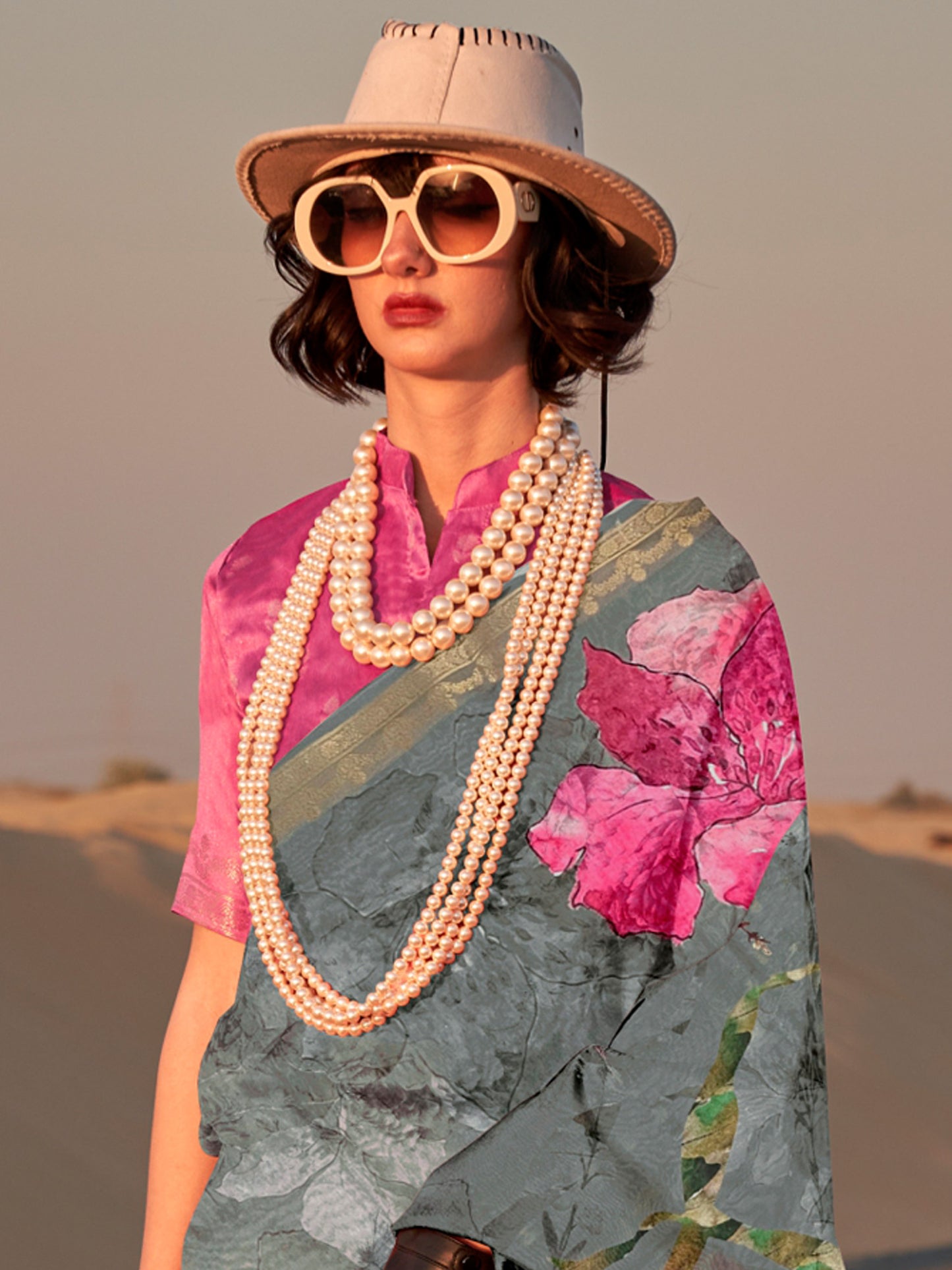 Women's Tissue Grey Printed Designer Saree With Blouse Piece