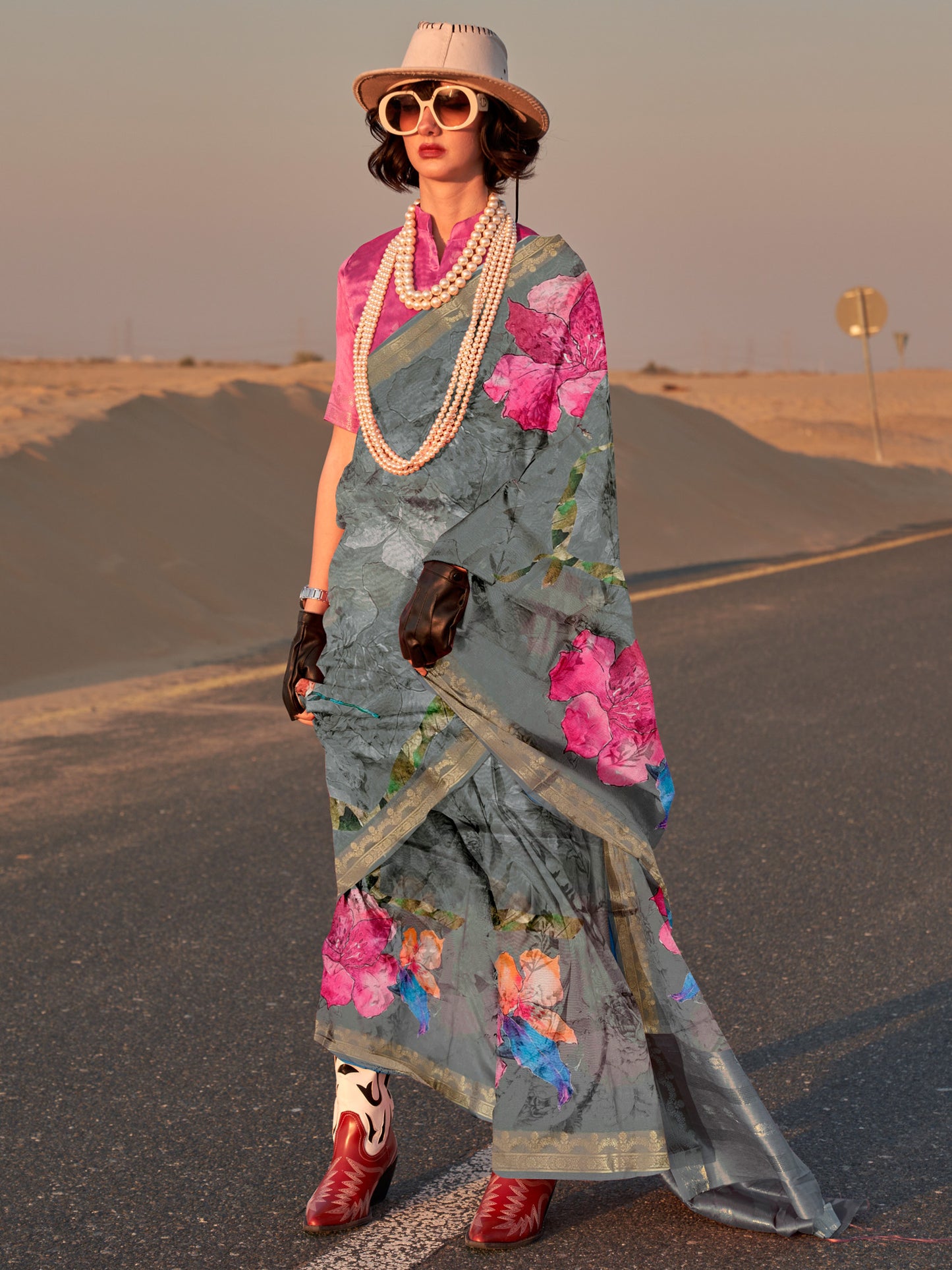 Women's Tissue Grey Printed Designer Saree With Blouse Piece