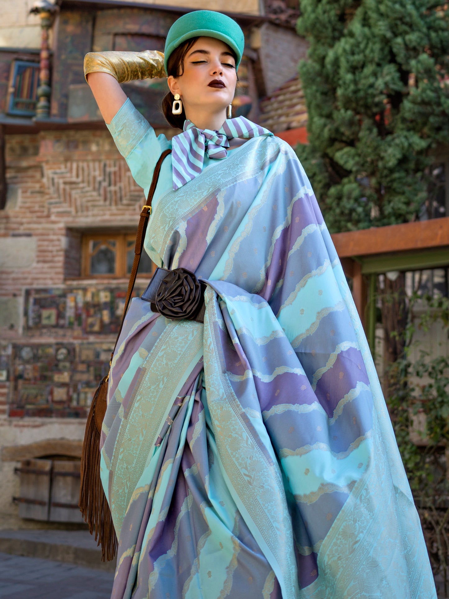 Women's Soft Silk Turquoise Woven Design Designer Saree With Blouse Piece