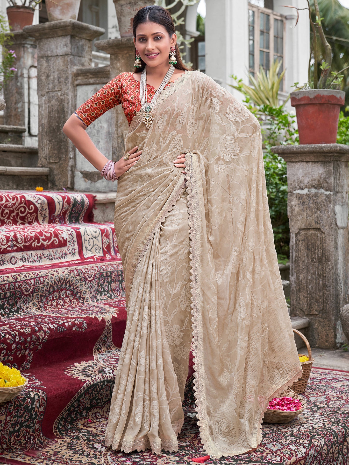 Women's Chiffon Cream Embellished Designer Saree With Blouse Piece
