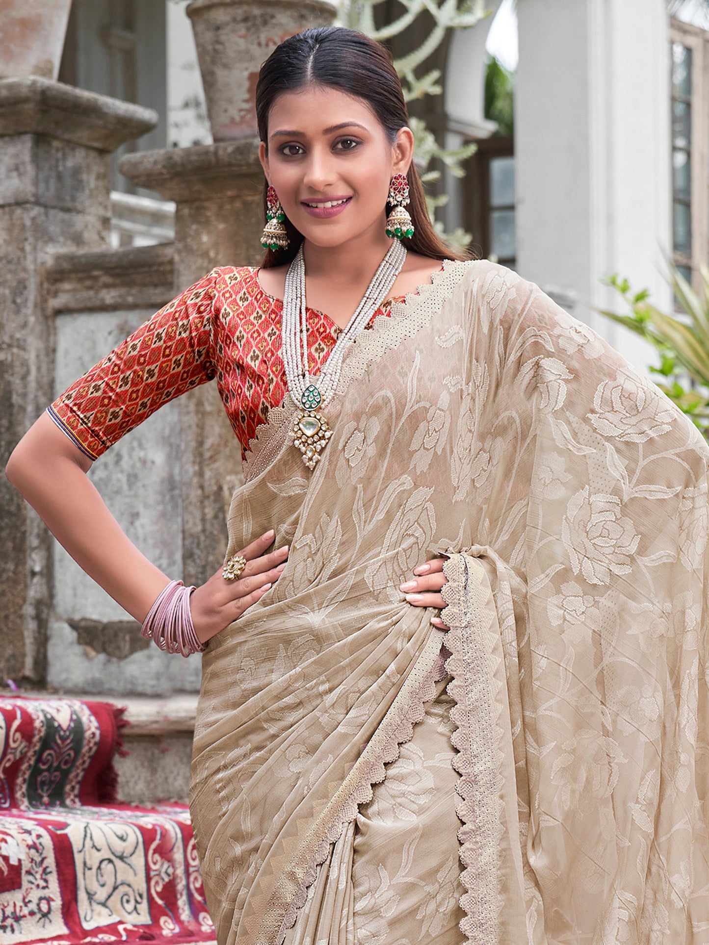 Women's Chiffon Cream Embellished Designer Saree With Blouse Piece