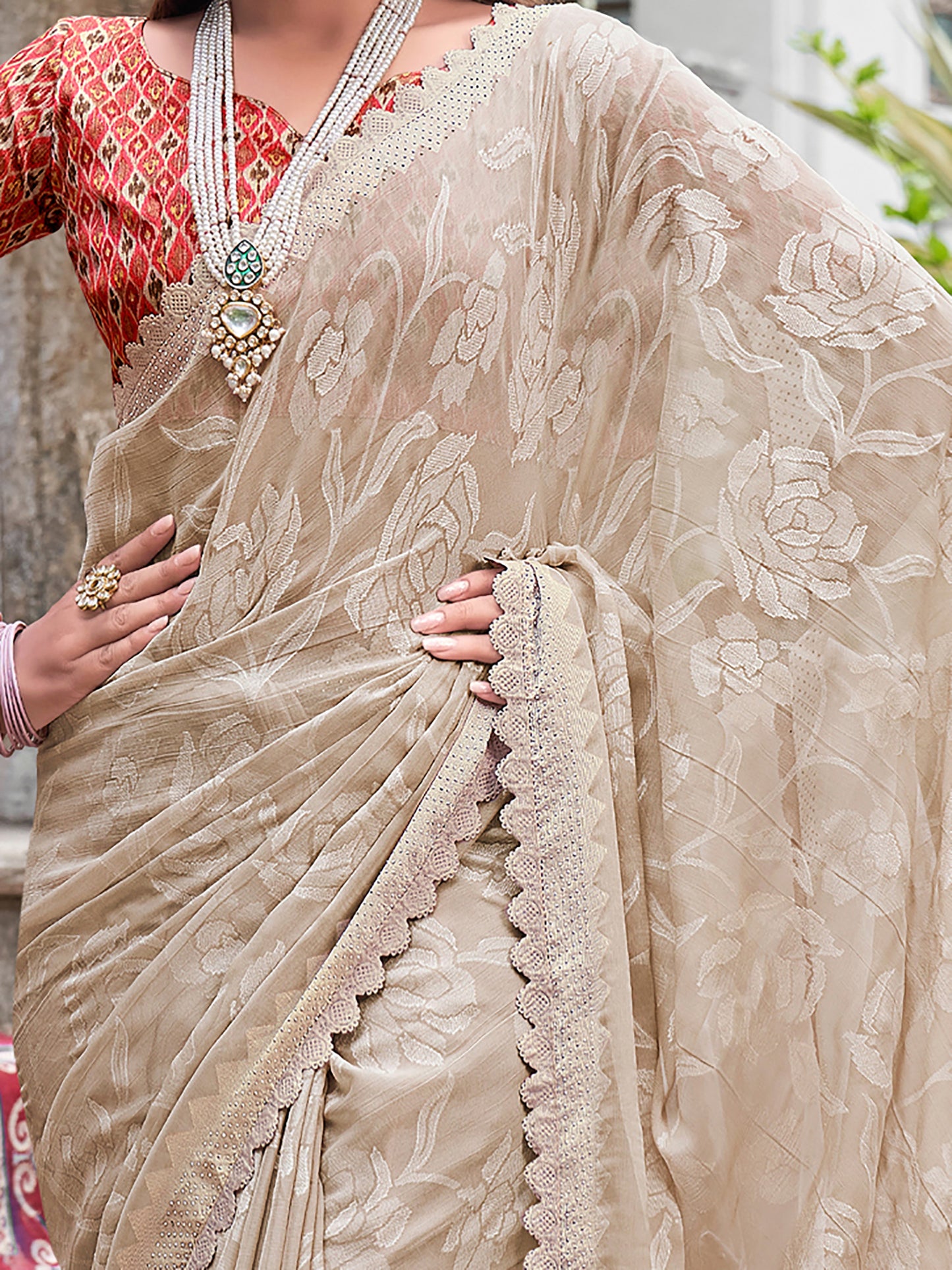 Women's Chiffon Cream Embellished Designer Saree With Blouse Piece