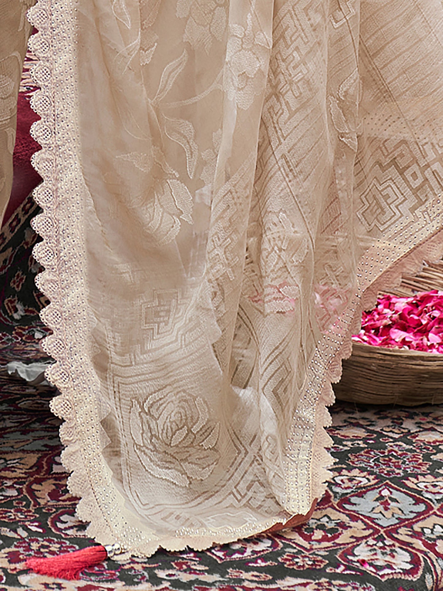 Women's Chiffon Cream Embellished Designer Saree With Blouse Piece
