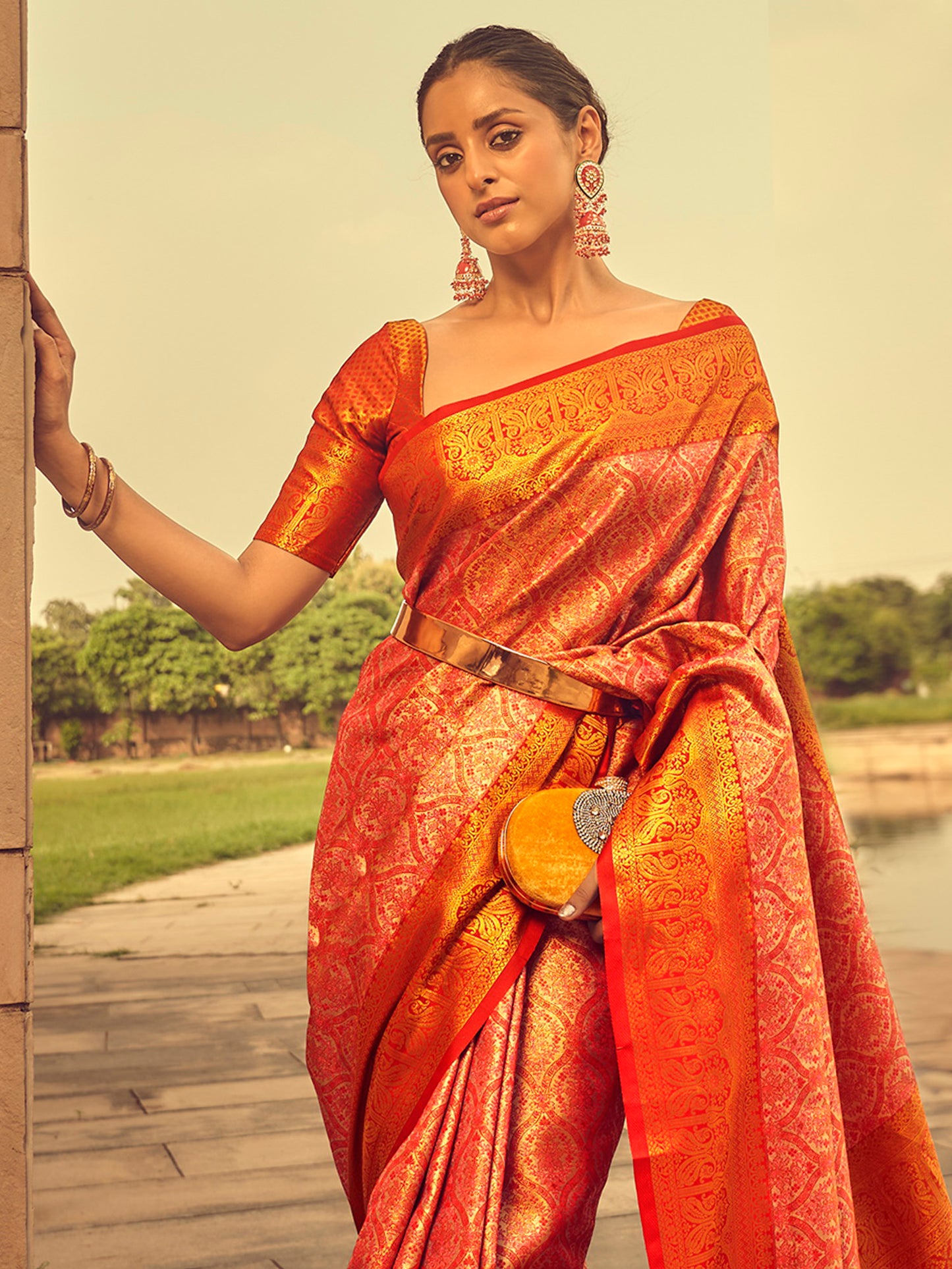 Women's Silk Blend Peach Woven Design Designer Saree With Blouse Piece