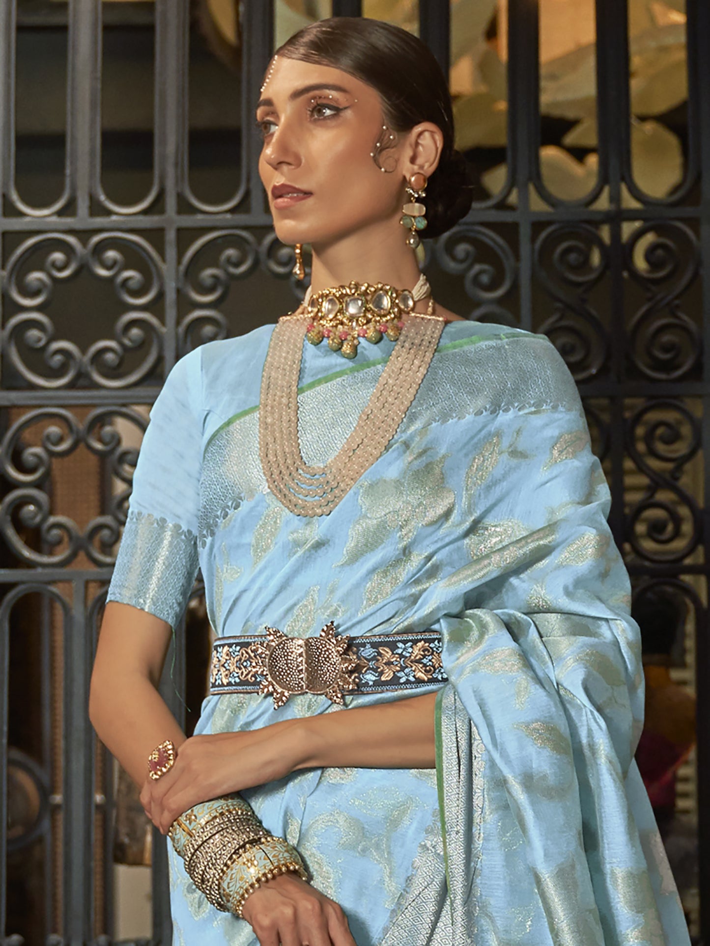 Women's Silk Blend Turquoise Woven Design Designer Saree With Blouse Piece
