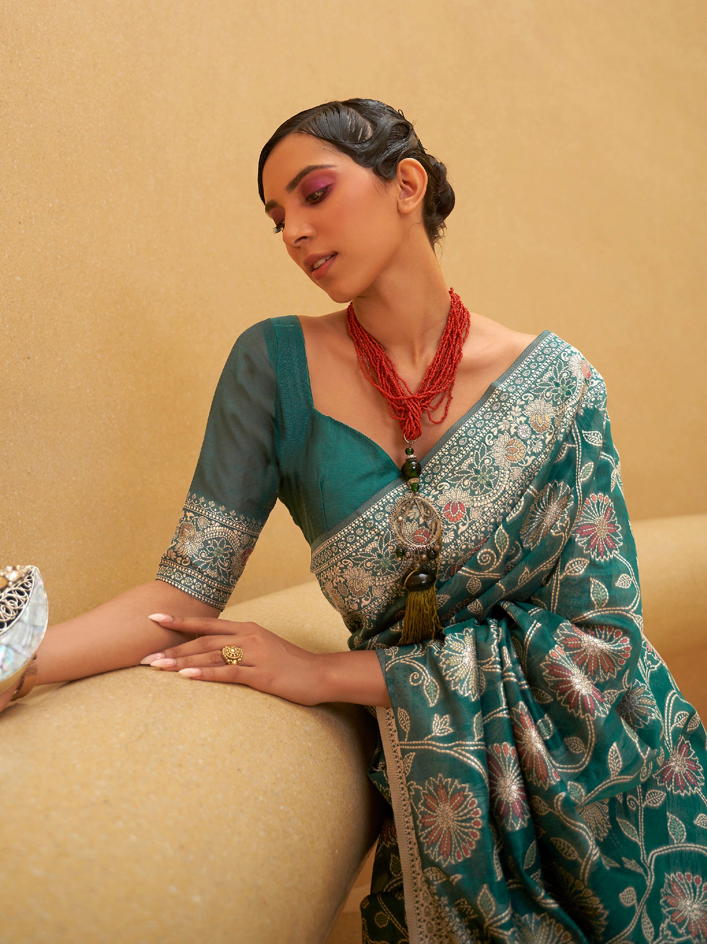 Women's Silk Blend Teal blue Woven Design Designer Saree With Blouse Piece