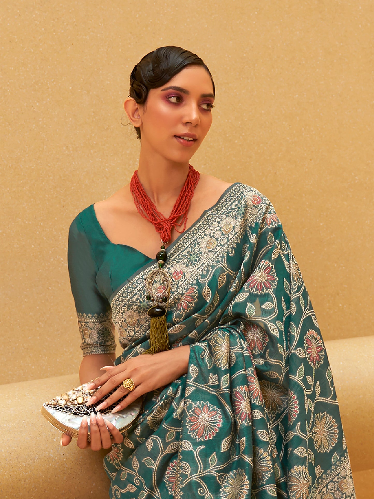 Women's Silk Blend Teal blue Woven Design Designer Saree With Blouse Piece