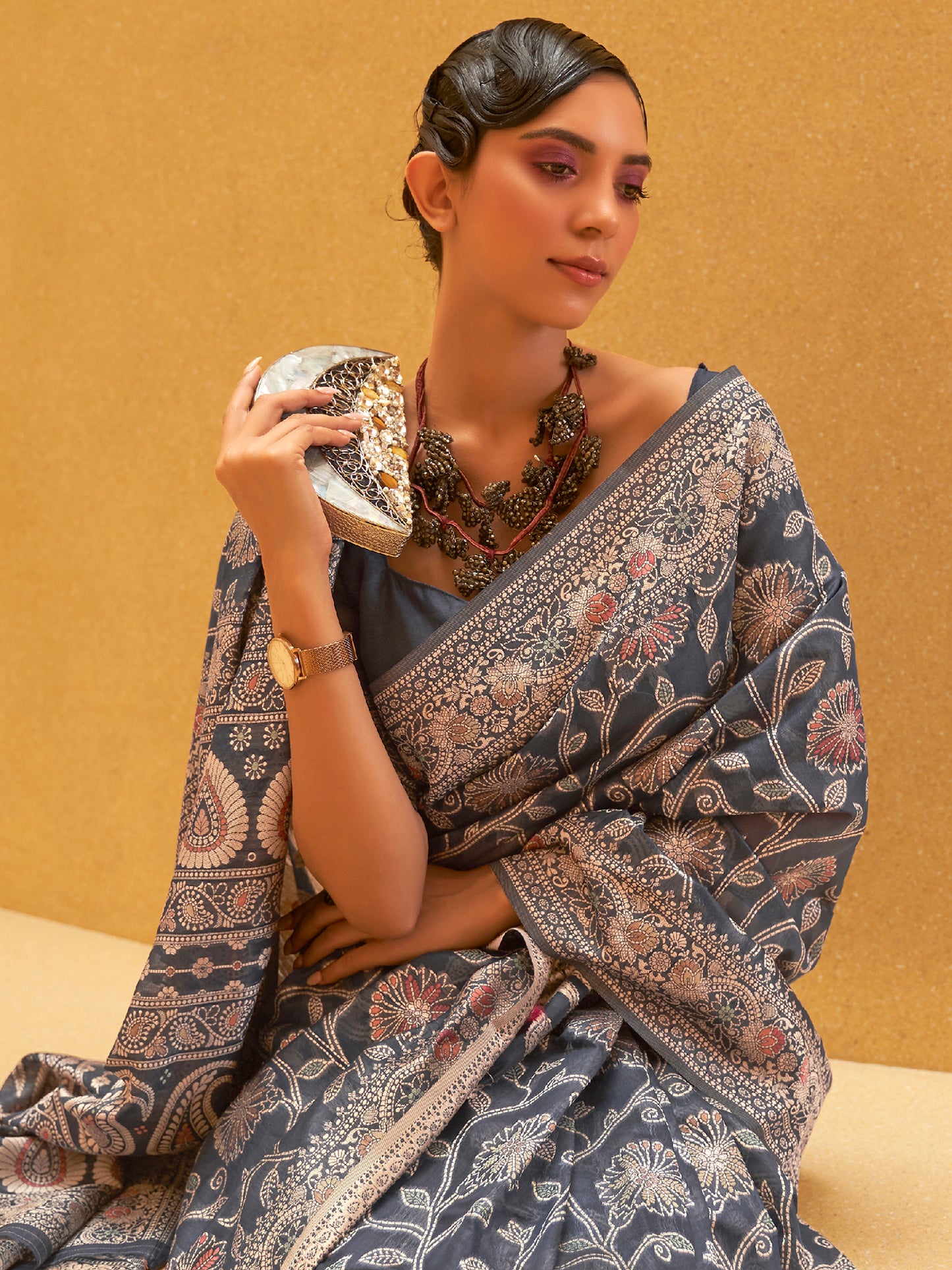 Women's Silk Blend Grey Woven Design Designer Saree With Blouse Piece