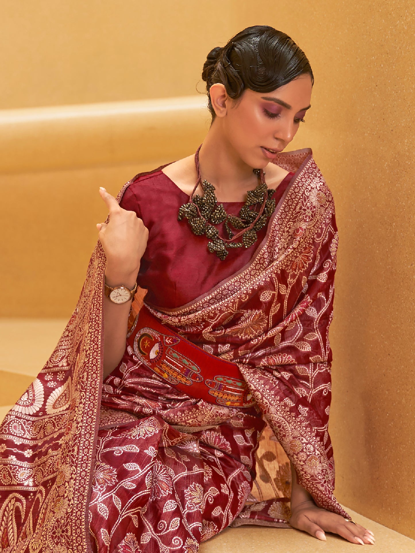 Women's Silk Blend Maroon Woven Design Designer Saree With Blouse Piece