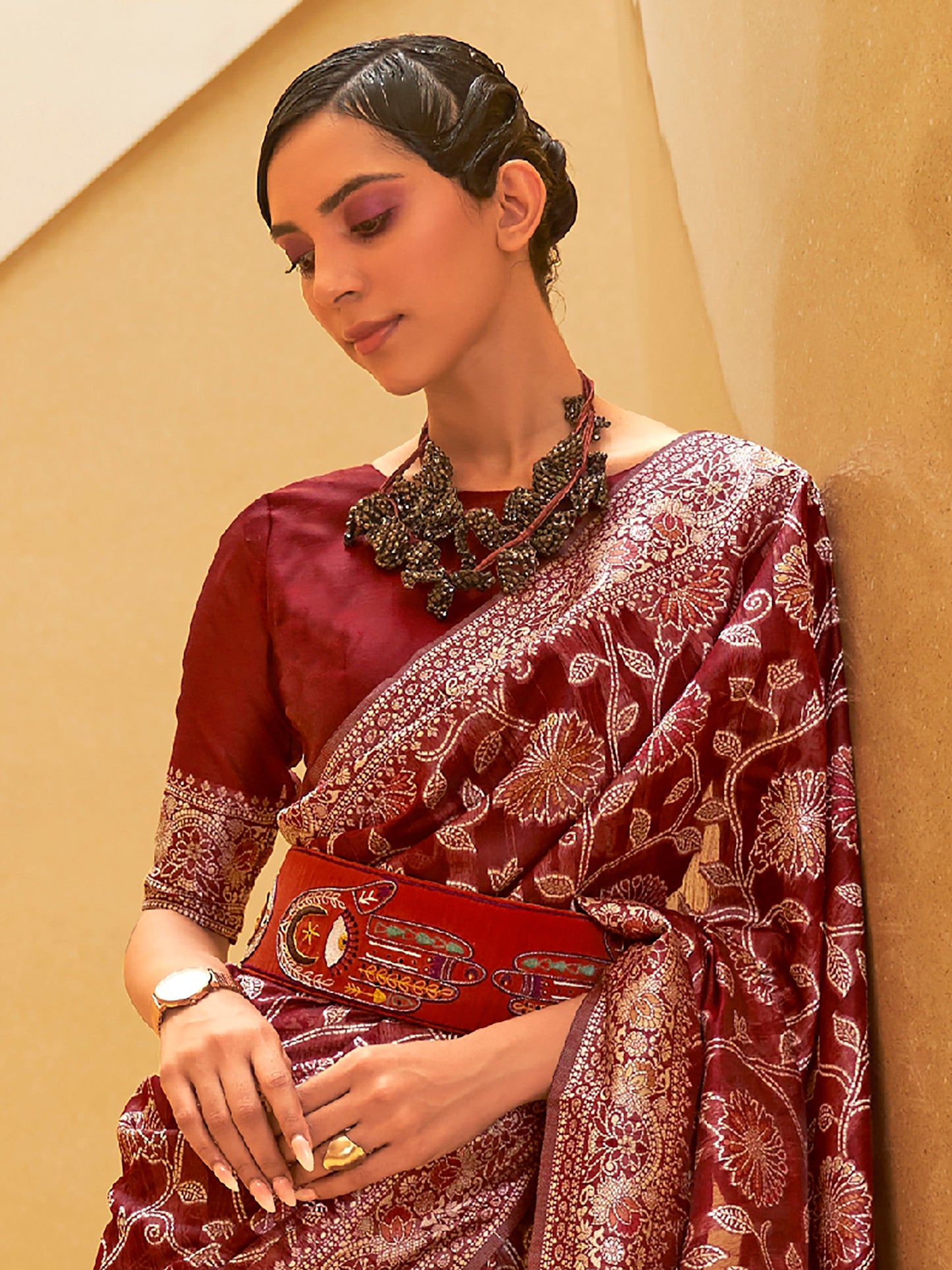 Women's Silk Blend Maroon Woven Design Designer Saree With Blouse Piece