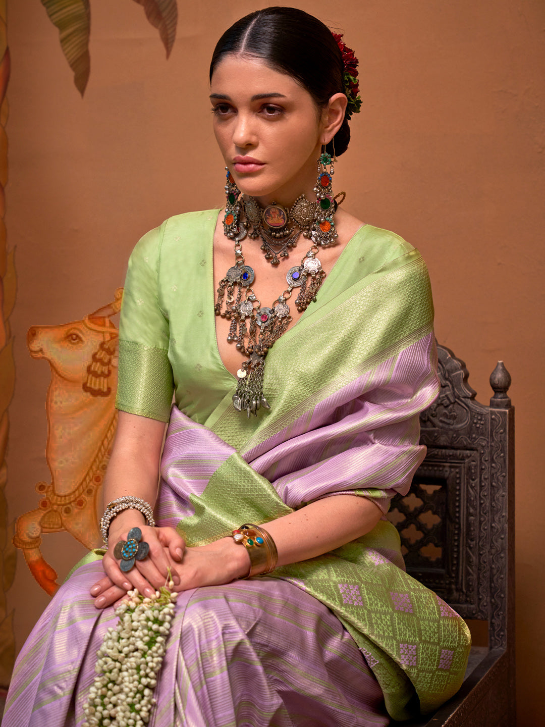 Women's Silk Blend Light Green Woven Design Designer Saree With Blouse Piece