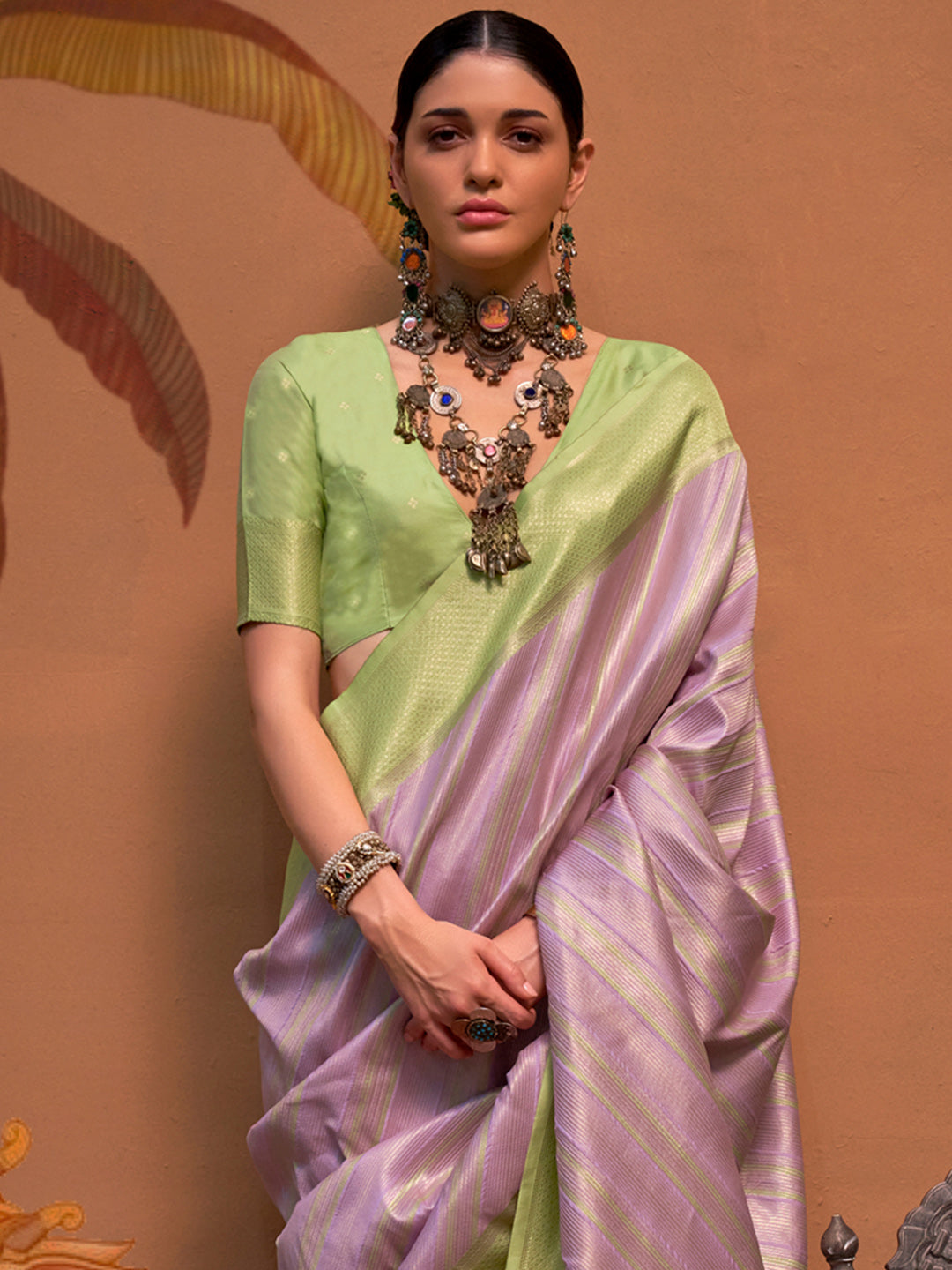 Women's Silk Blend Light Green Woven Design Designer Saree With Blouse Piece