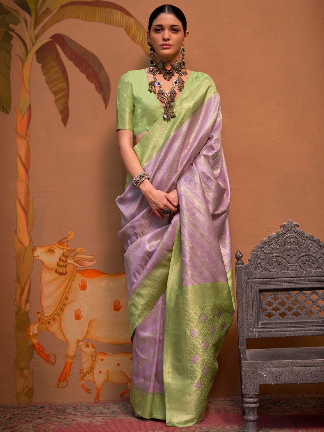 Women's Silk Blend Light Green Woven Design Designer Saree With Blouse Piece