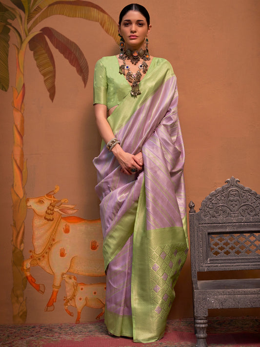 Women's Silk Blend Light Green Woven Design Designer Saree With Blouse Piece