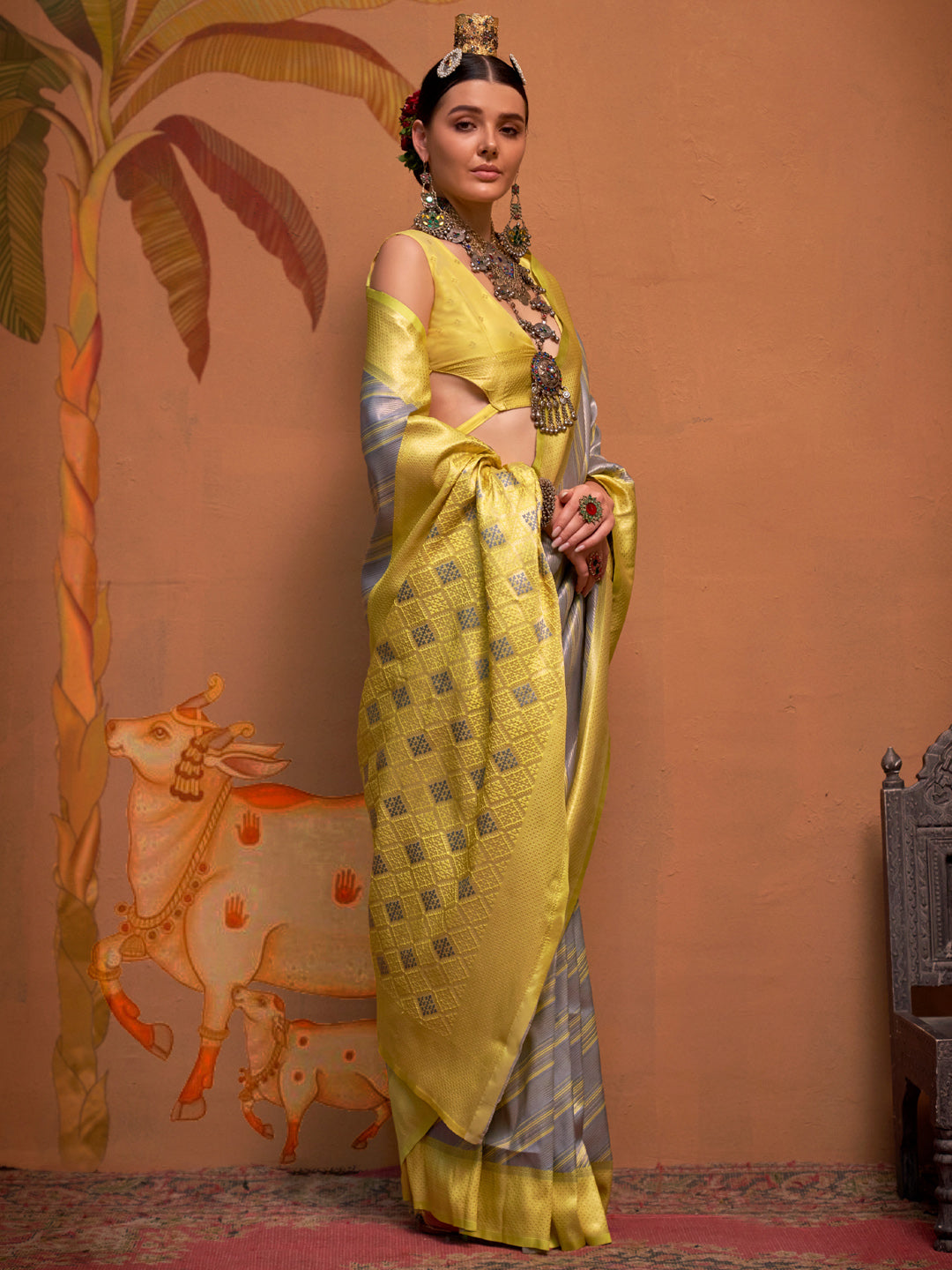 Women's Silk Blend Yellow Woven Design Designer Saree With Blouse Piece