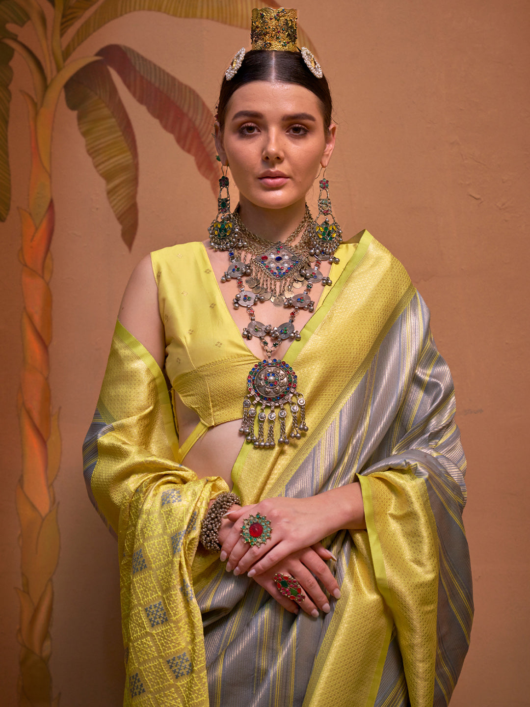 Women's Silk Blend Yellow Woven Design Designer Saree With Blouse Piece