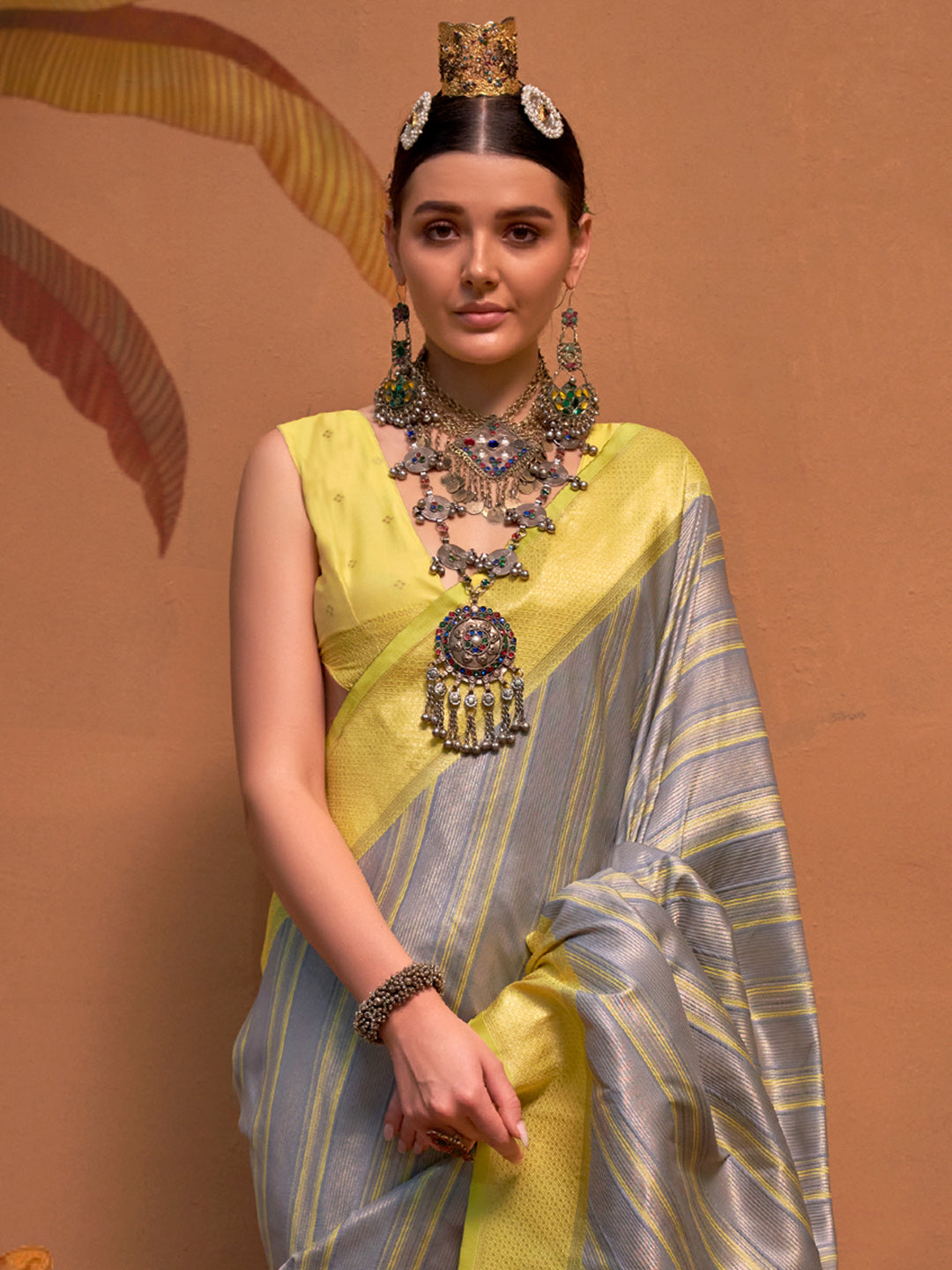 Women's Silk Blend Yellow Woven Design Designer Saree With Blouse Piece