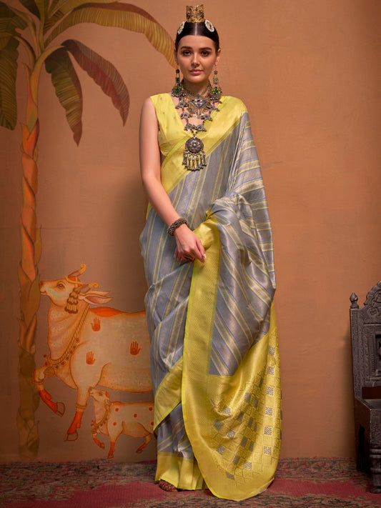 Women's Silk Blend Yellow Woven Design Designer Saree With Blouse Piece