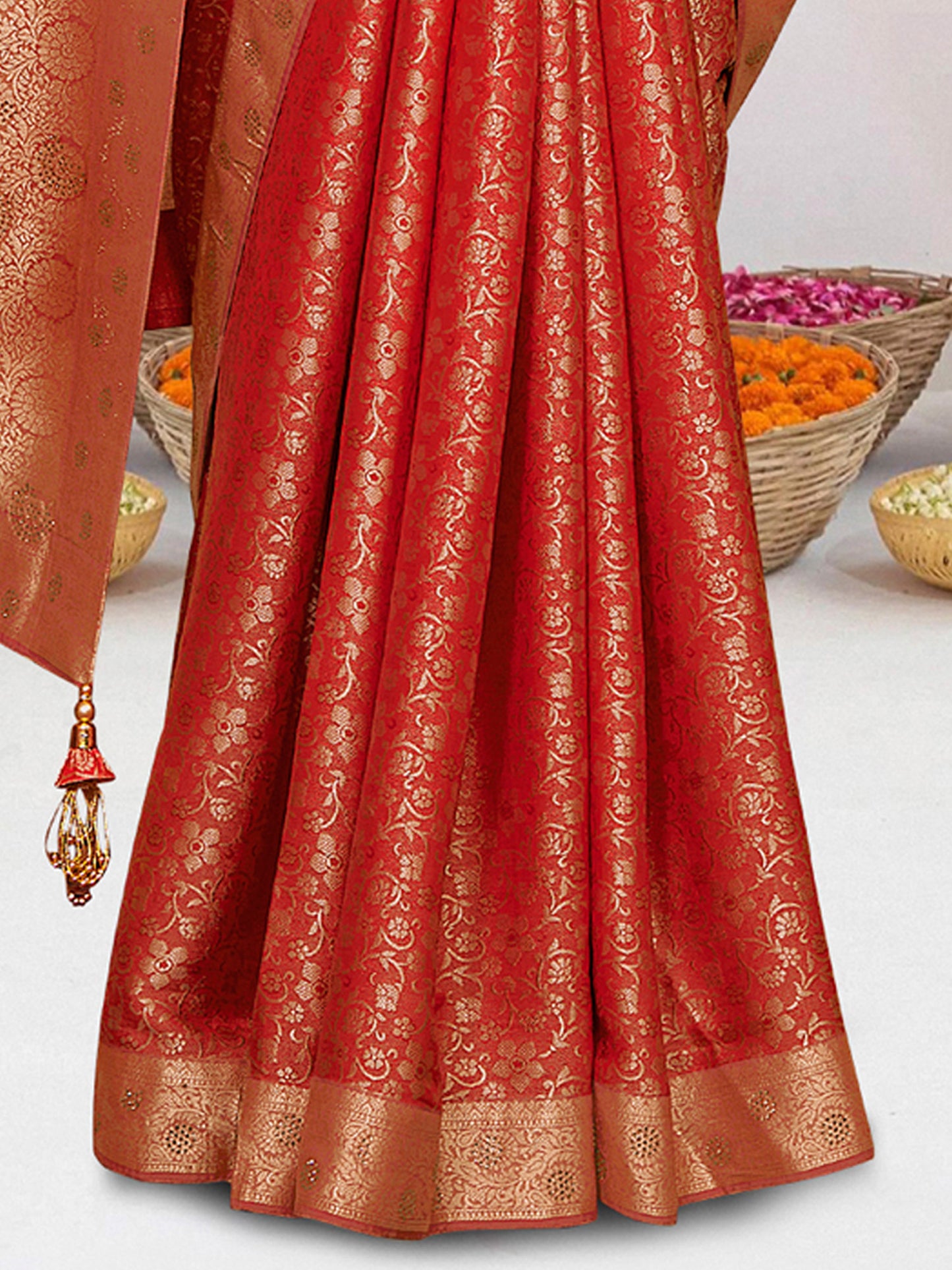 Women's Pure Silk Orange Woven Design Designer Saree With Blouse Piece