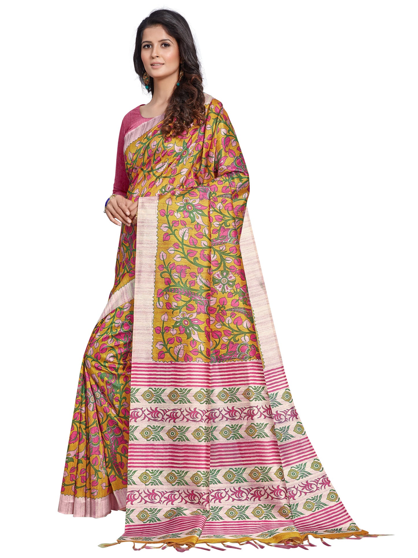 Women's Manipuri Silk Yellow Digital Print Designer Saree With Blouse Piece