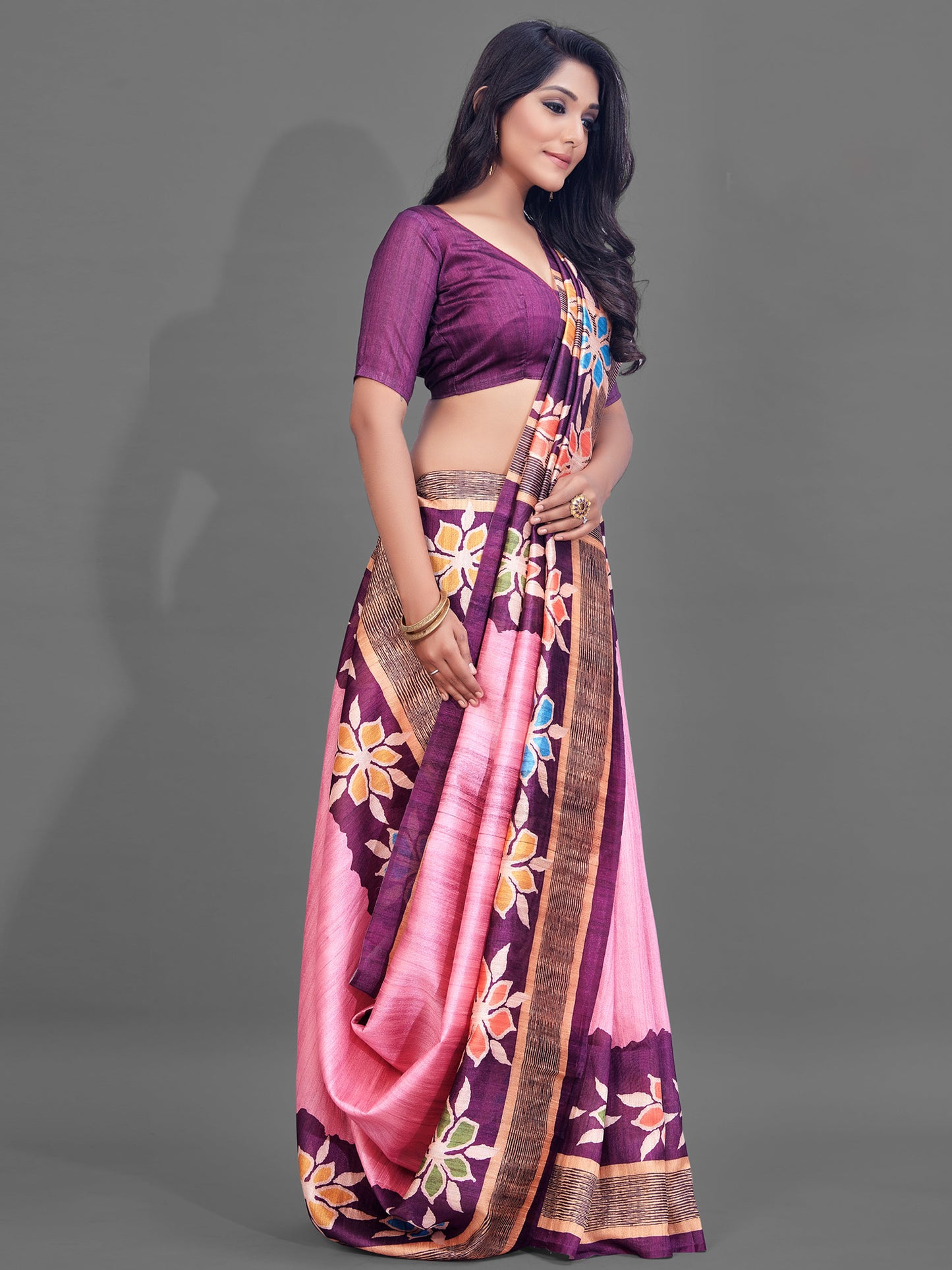 Women's Manipuri Silk Pink Digital Print Designer Saree With Blouse Piece