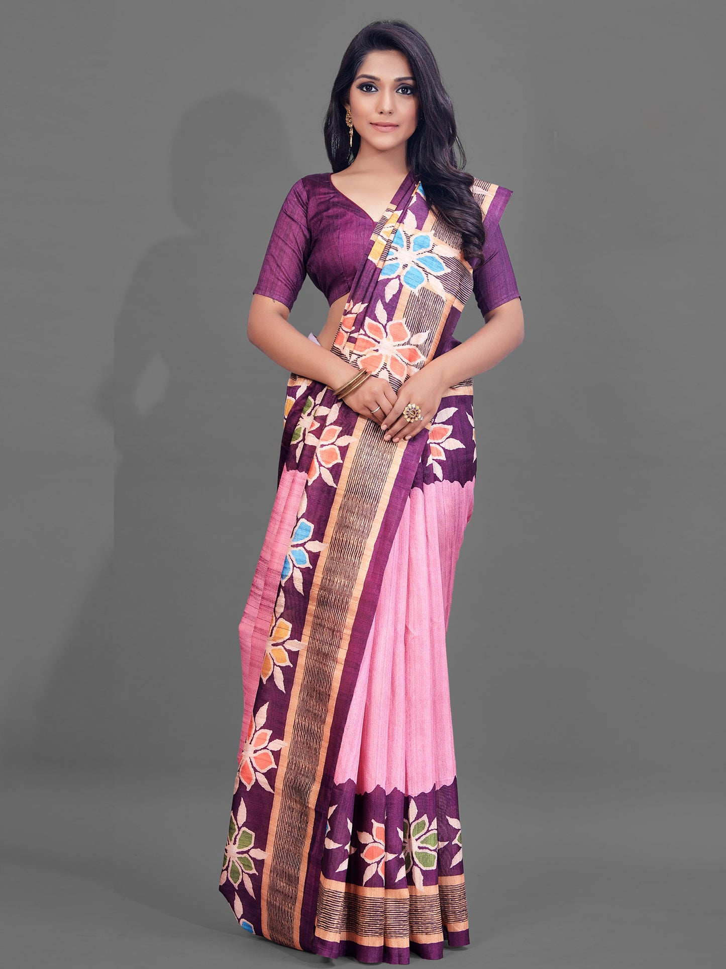 Women's Manipuri Silk Pink Digital Print Designer Saree With Blouse Piece