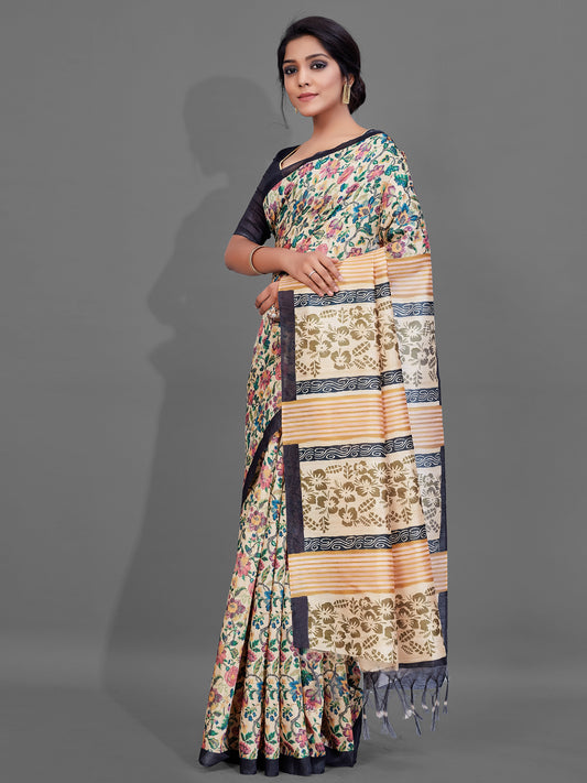 Women's Manipuri Silk Cream Digital Print Designer Saree With Blouse Piece