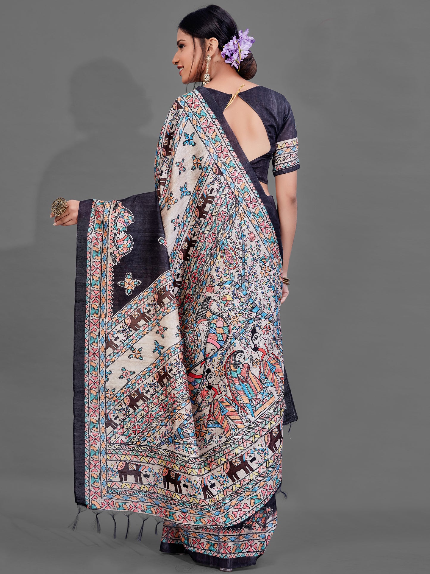 Women's Manipuri Silk Black Digital Print Designer Saree With Blouse Piece