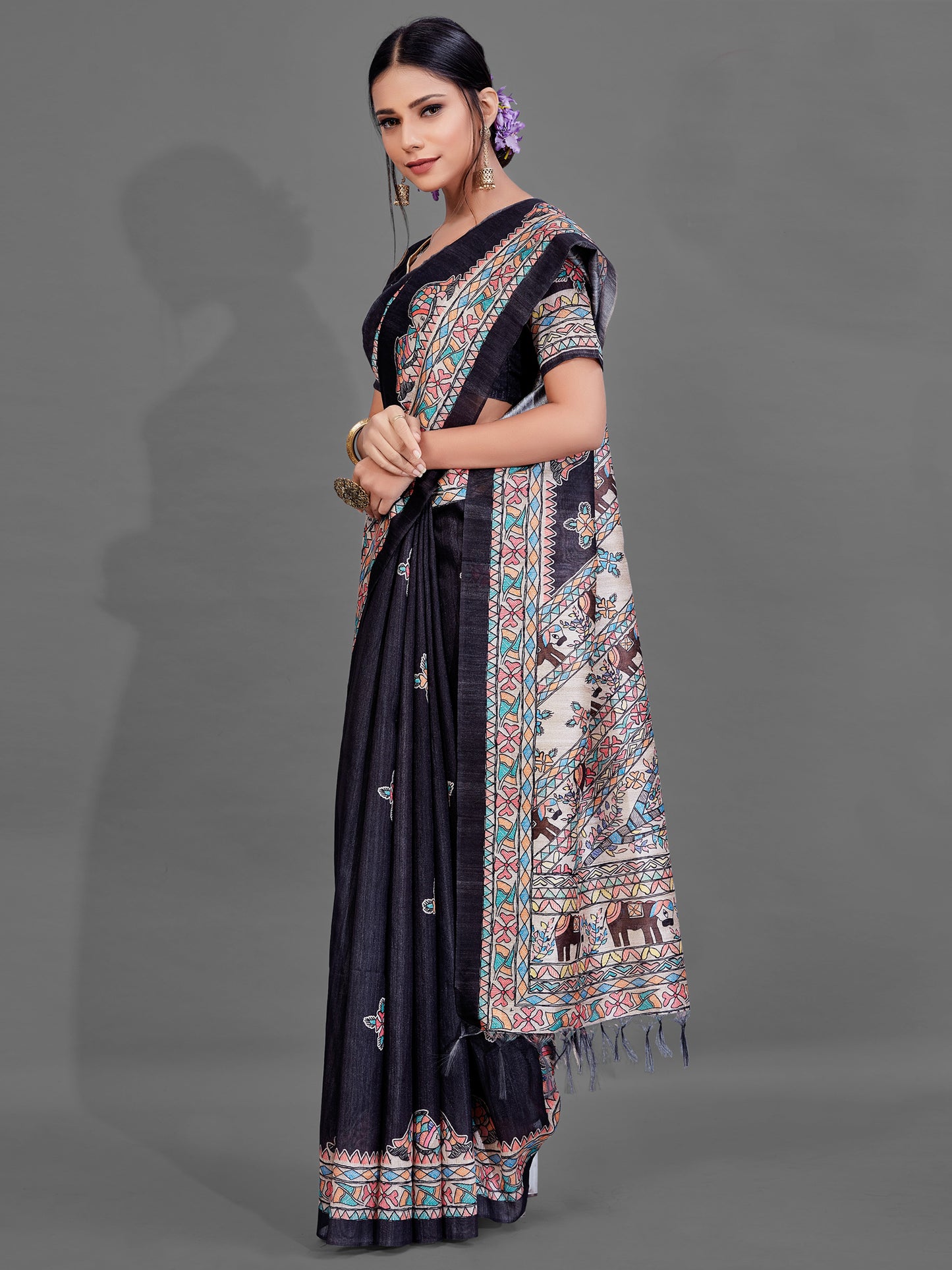 Women's Manipuri Silk Black Digital Print Designer Saree With Blouse Piece