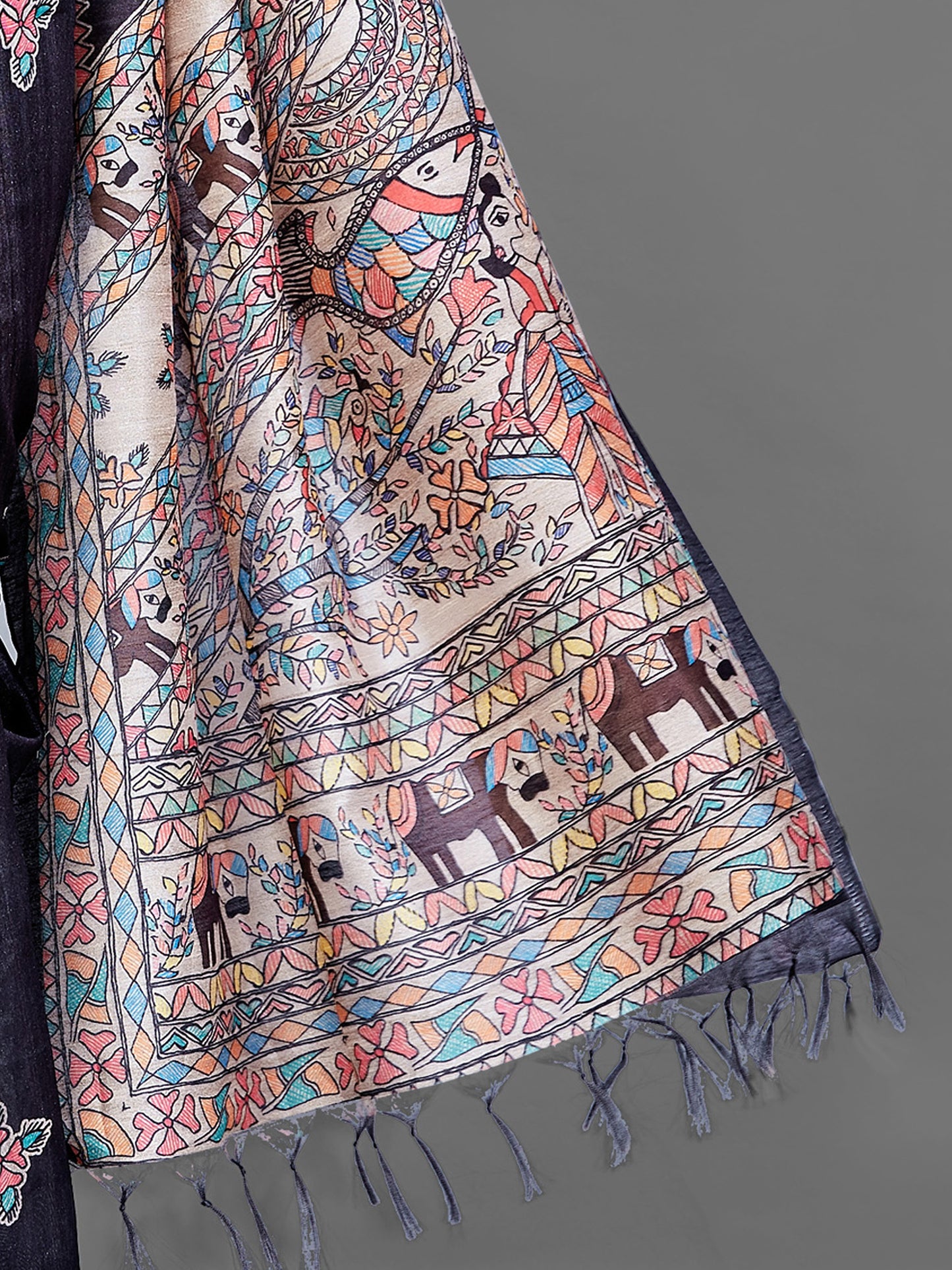 Women's Manipuri Silk Black Digital Print Designer Saree With Blouse Piece