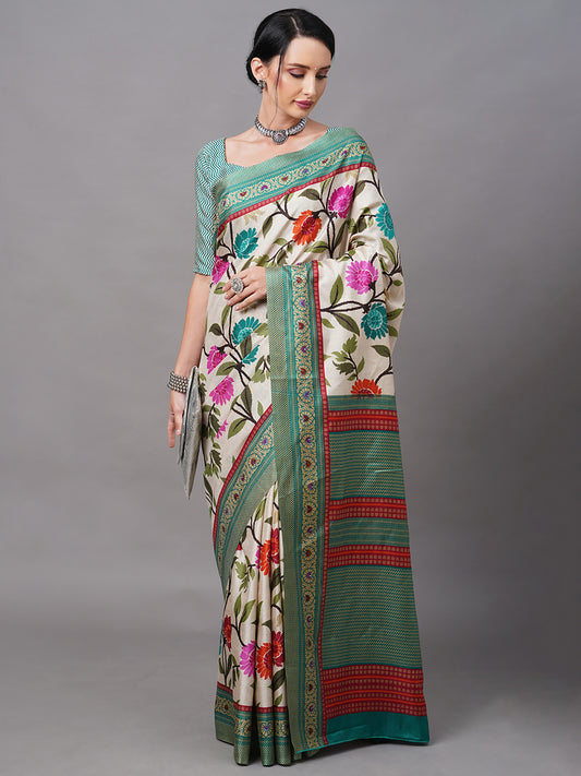 Women's Manipuri Silk Cream Printed Designer Saree With Blouse Piece