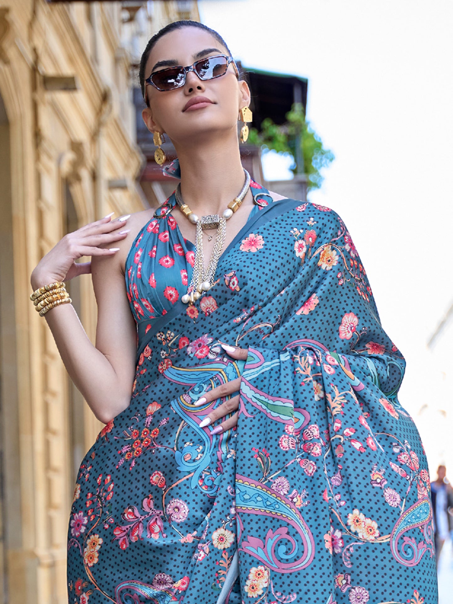 Women's Satin Silk Teal blue Digital Print Designer Saree With Blouse Piece