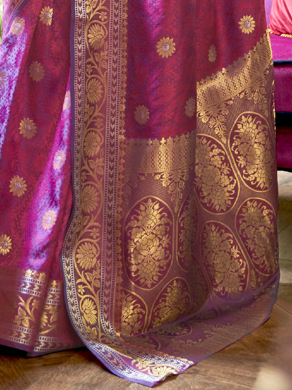 Women's Silk Blend Magenta Woven Design Handloom Saree With Blouse Piece