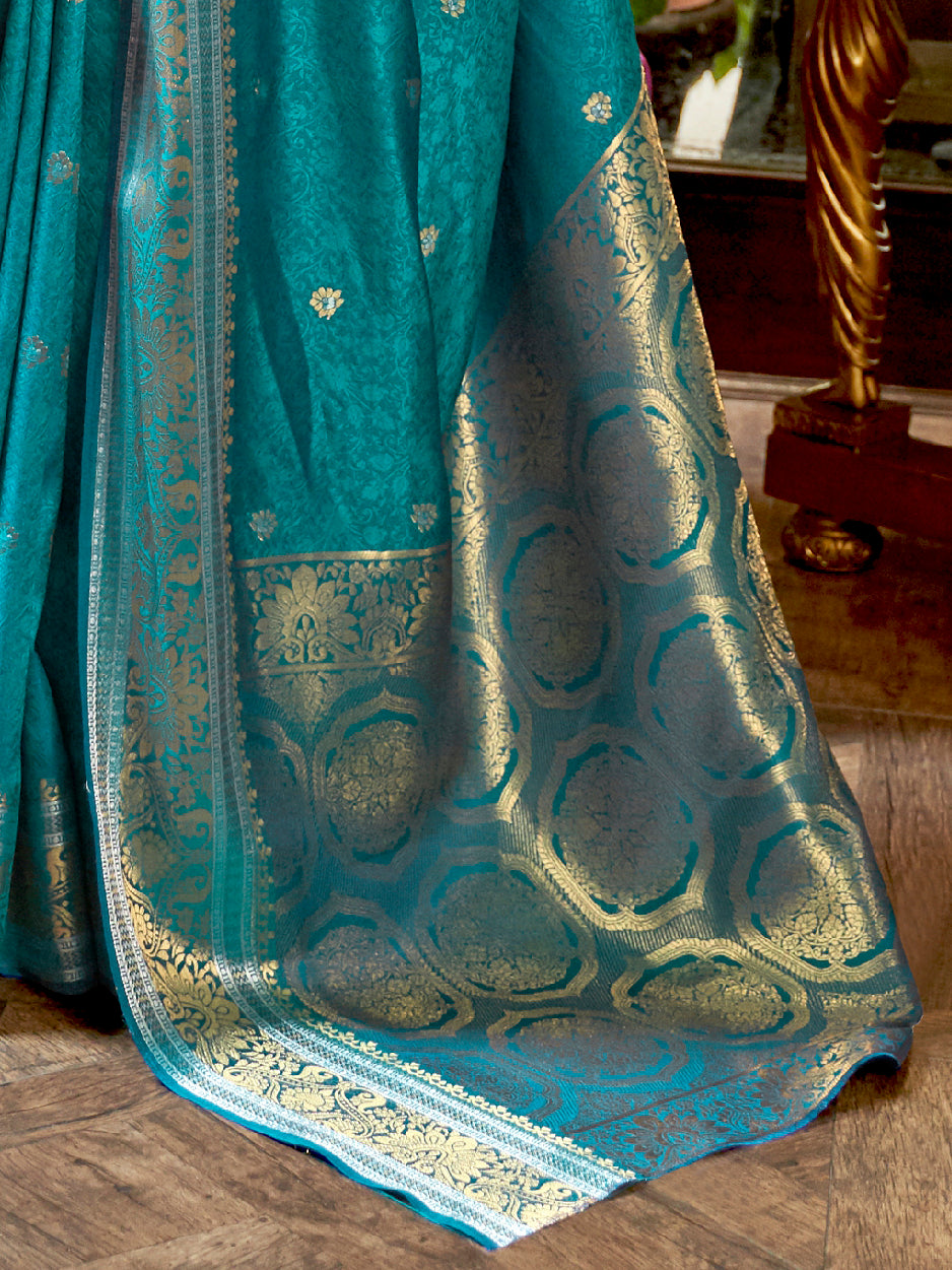 Women's Silk Blend Teal blue Woven Design Handloom Saree With Blouse Piece