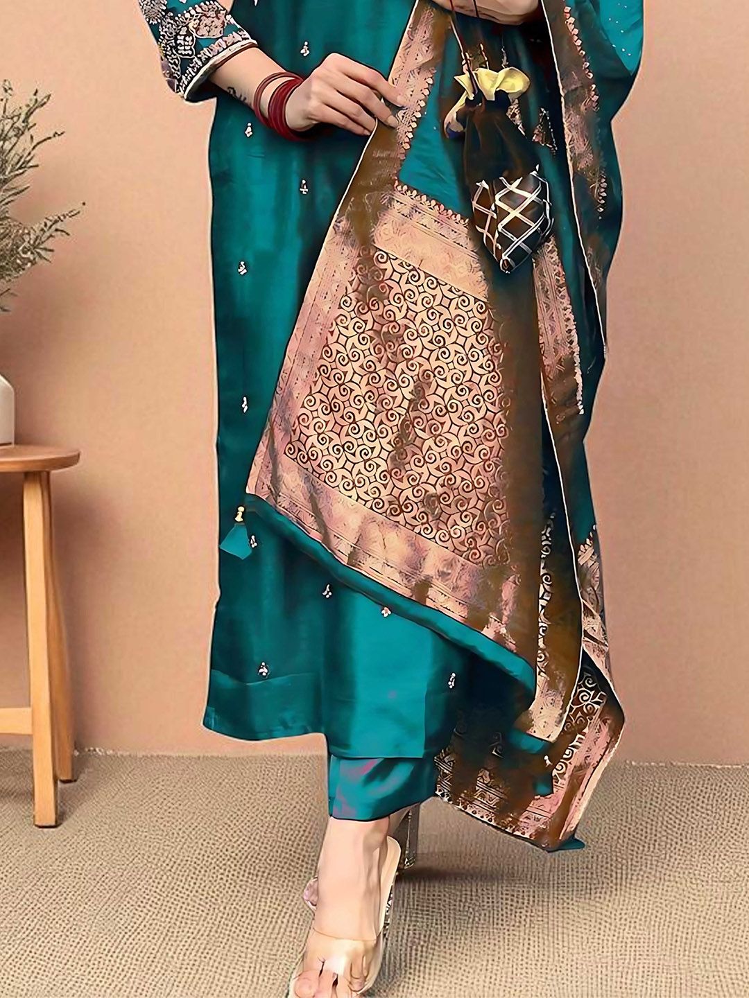 Dhiyona SN Women's Embroidered Straight Kurta Pyjama & Dupatta